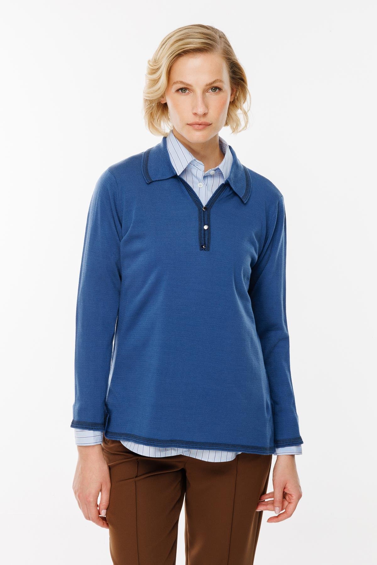 Büyük Beden Polo Yaka Triko Kazak-İNDİGO