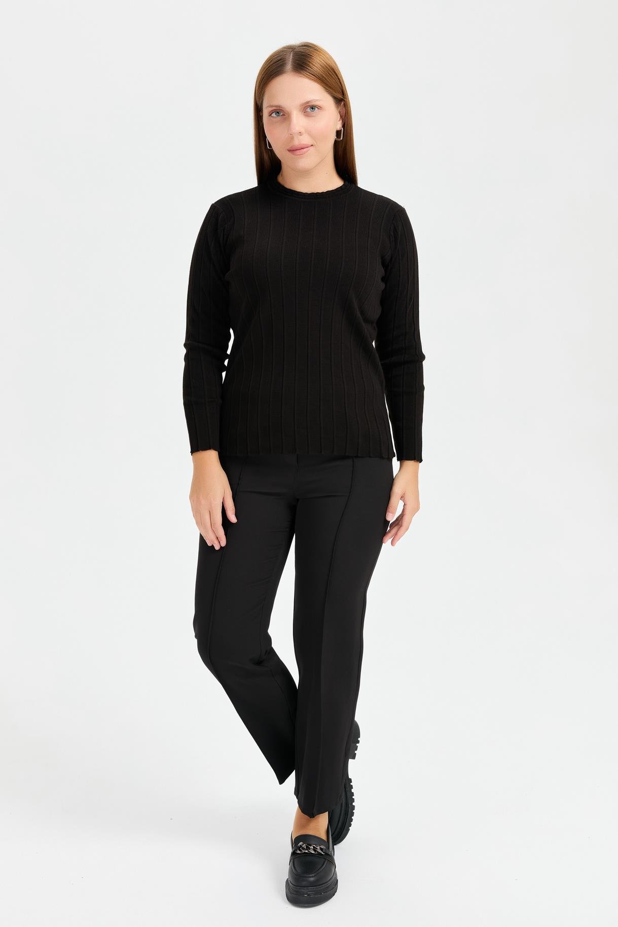 Büyük Beden Sıfır Yaka Fitilli Triko Kazak-SİYAH