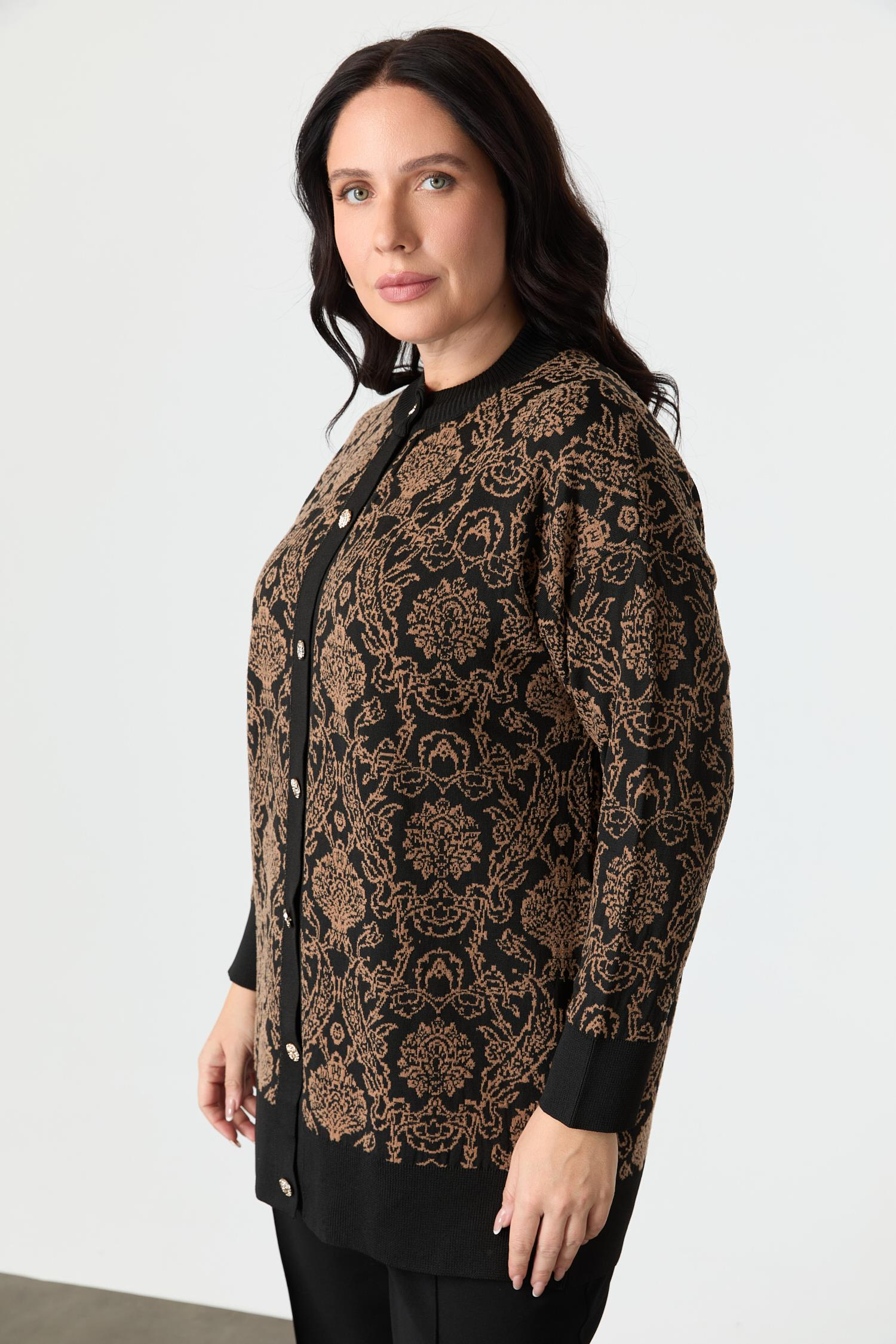 Büyük Beden Soyut Desenli Triko Hırka-SİYAH/CAMEL