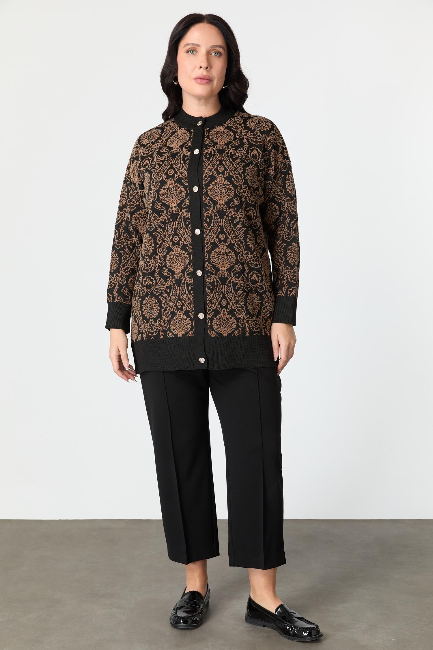 Büyük Beden Soyut Desenli Triko Hırka-SİYAH/CAMEL