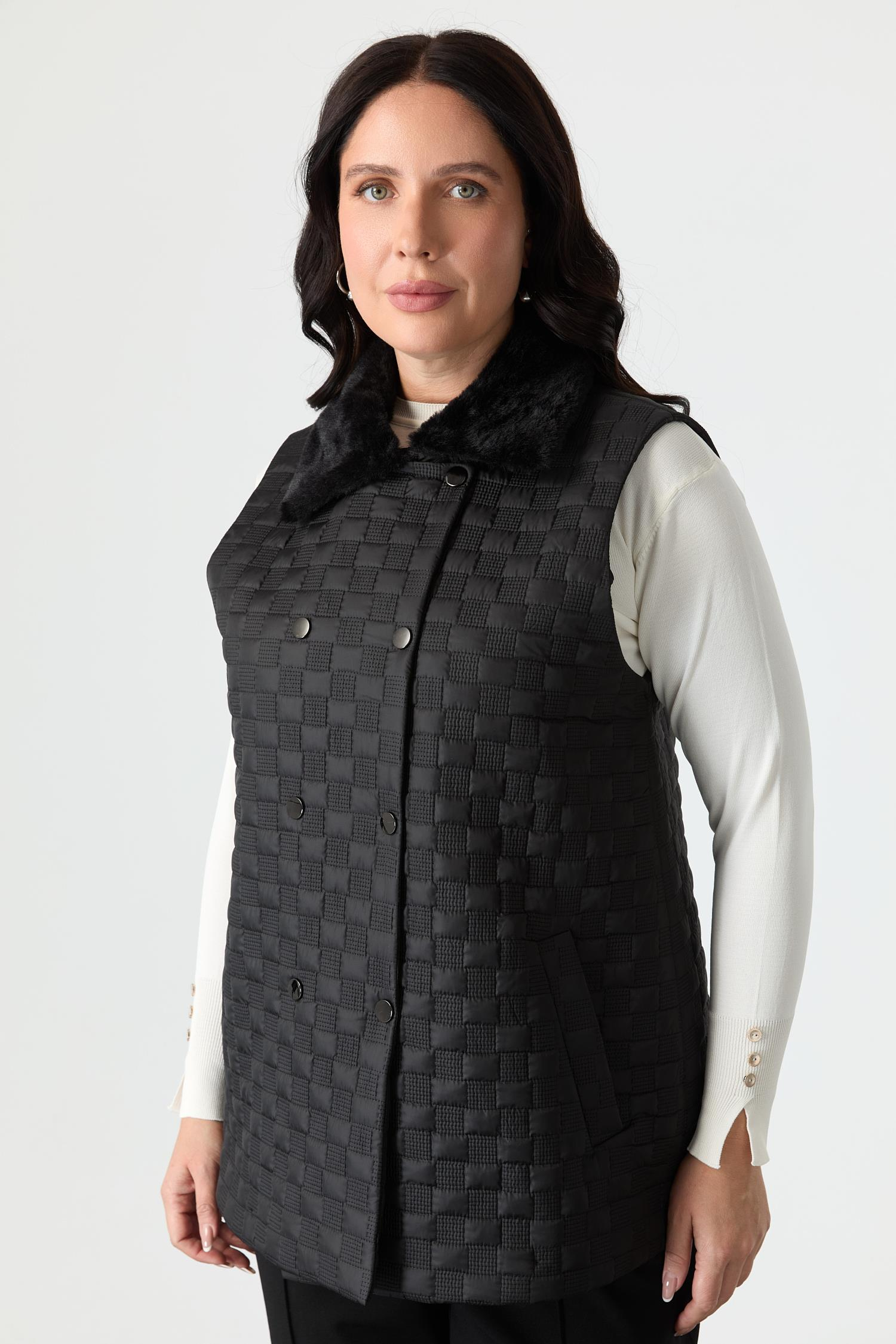 Büyük Beden Yakası Kürklü Kapitone Yelek-SİYAH