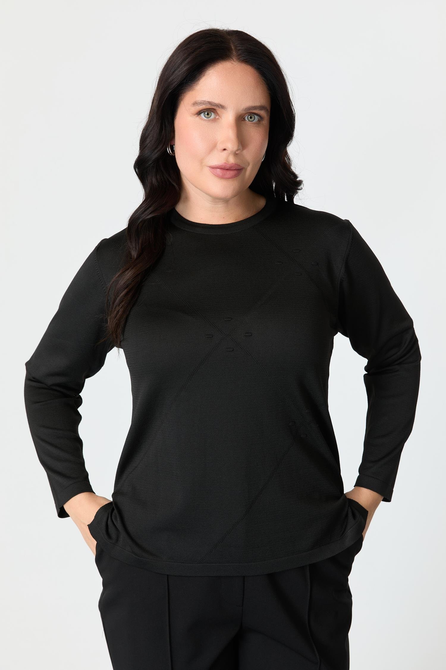 Büyük Beden Yuvarlak Yaka Triko kazak-SİYAH