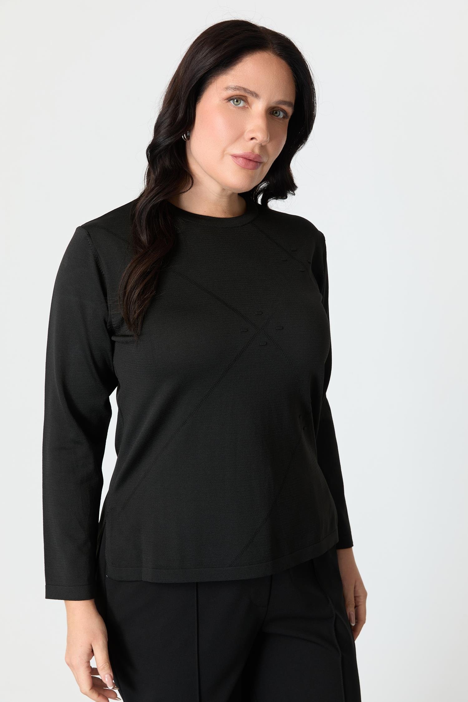 Büyük Beden Yuvarlak Yaka Triko kazak-SİYAH