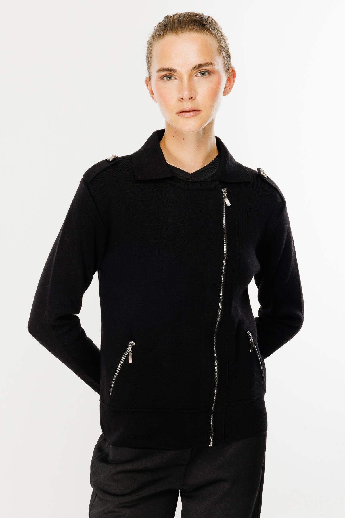 Ceket Yaka Cepli Triko Mont-SİYAH