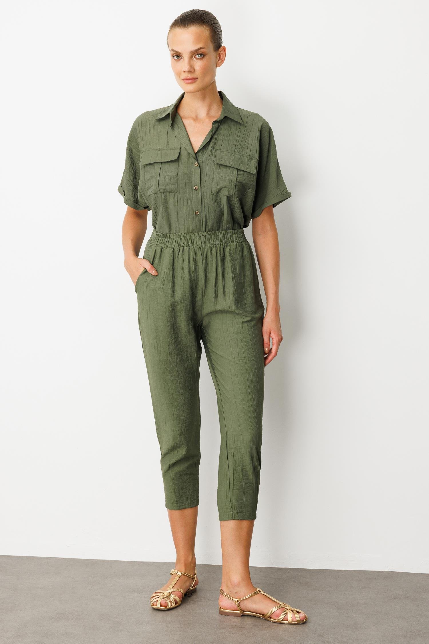 Cep Detay Beli Lastikli Pantolon-HAKİ