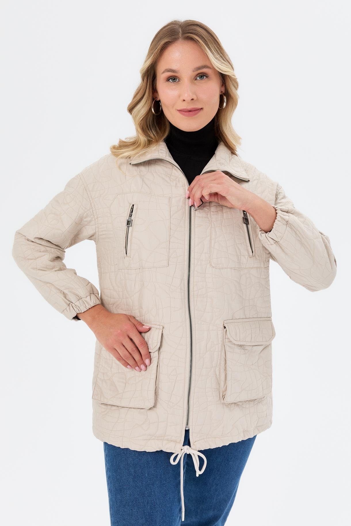 Cep Detaylı Büyük Beden Kapitone Ceket-TAŞ