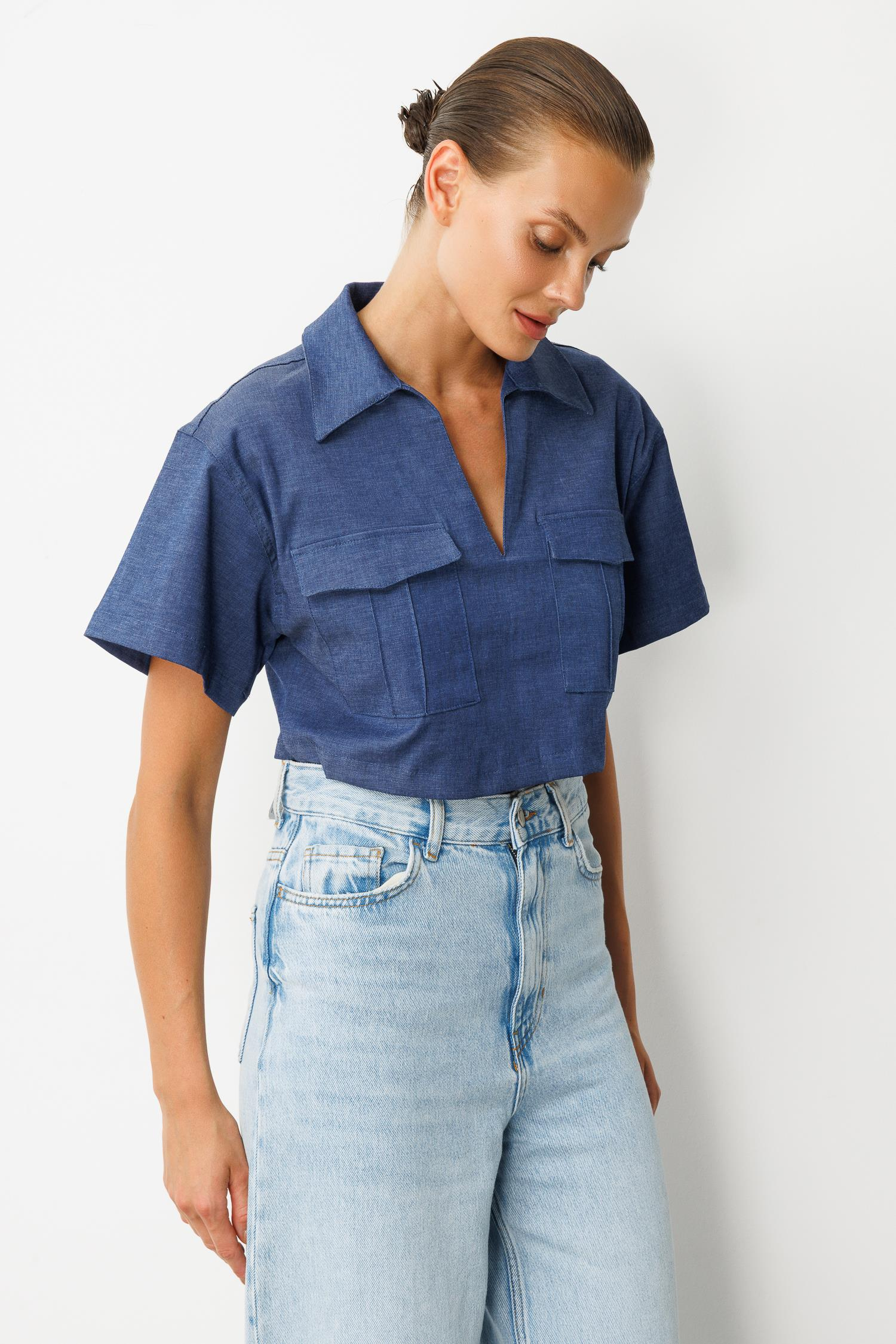 Cep Detaylı Crop Gömlek-İNDİGO