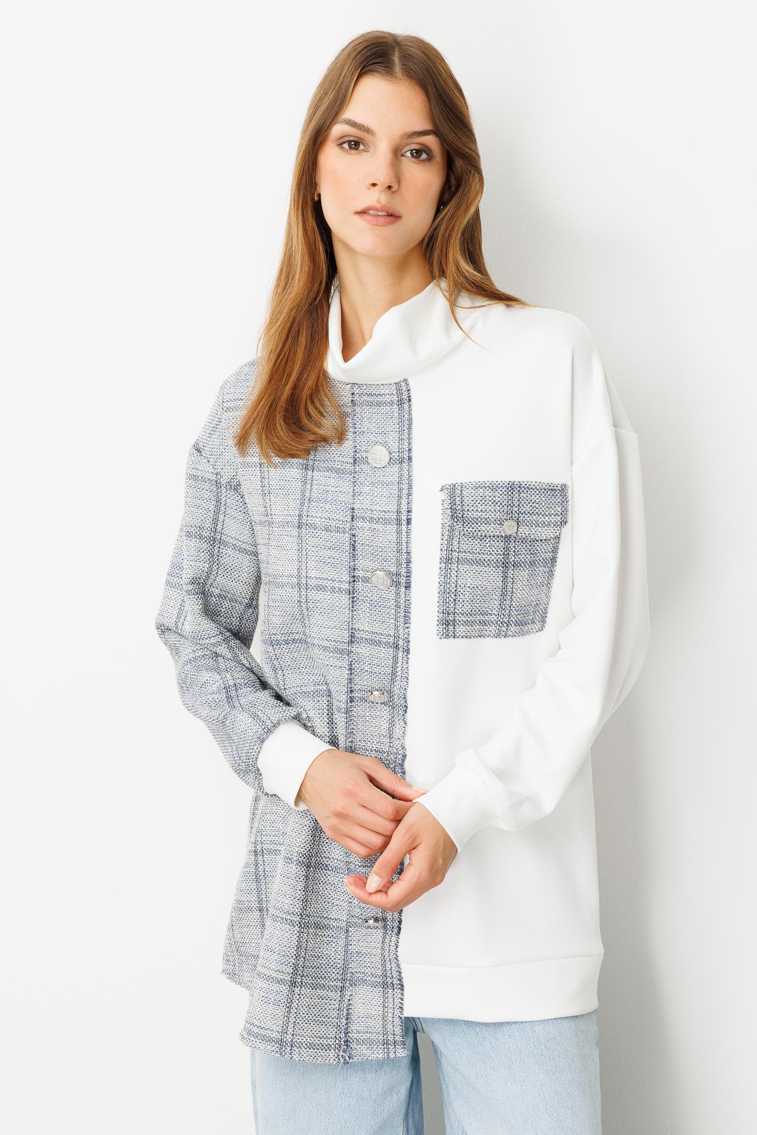 Cep Detaylı Dokulu Ekose Gömlek-MAVİ