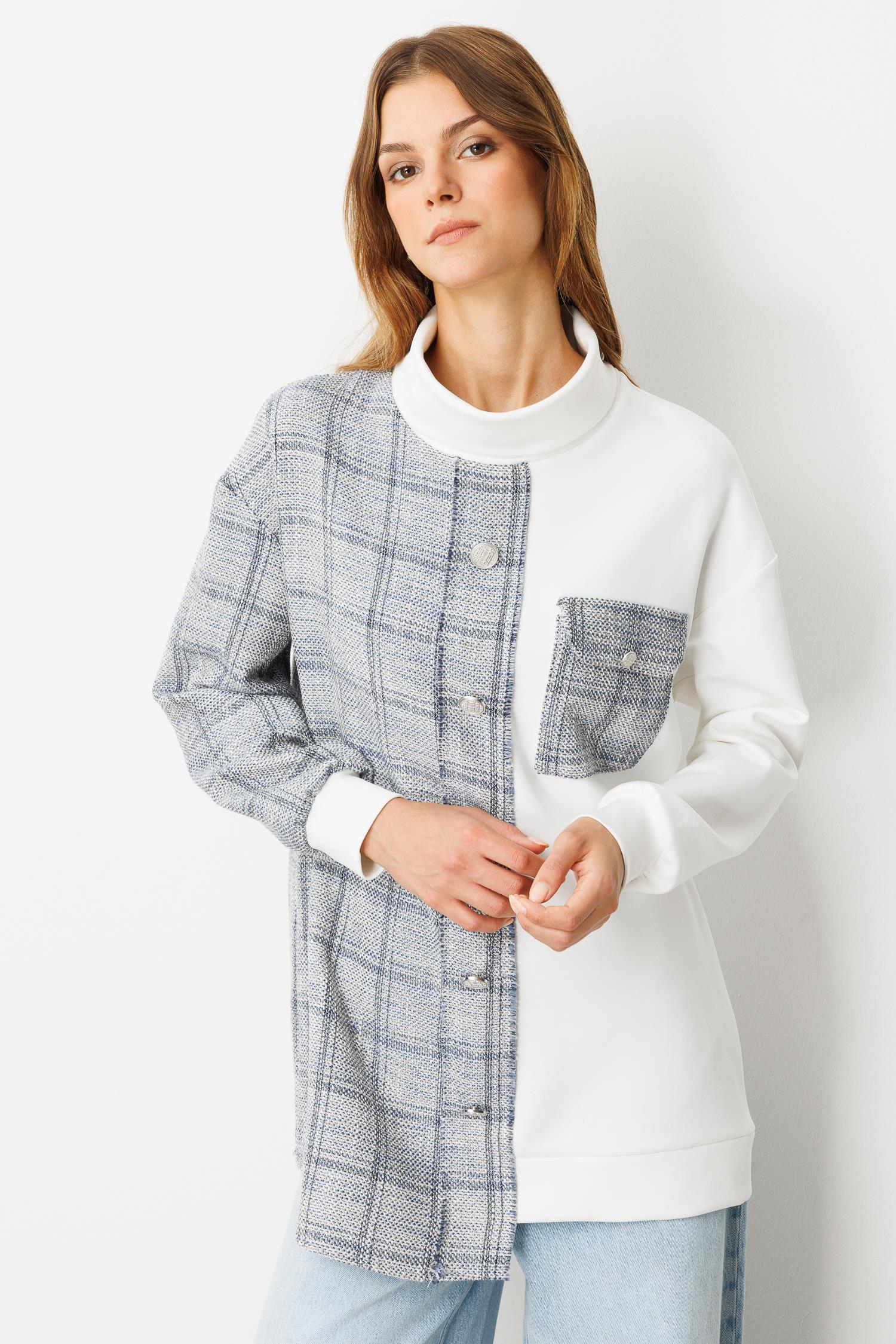 Cep Detaylı Dokulu Ekose Gömlek-MAVİ