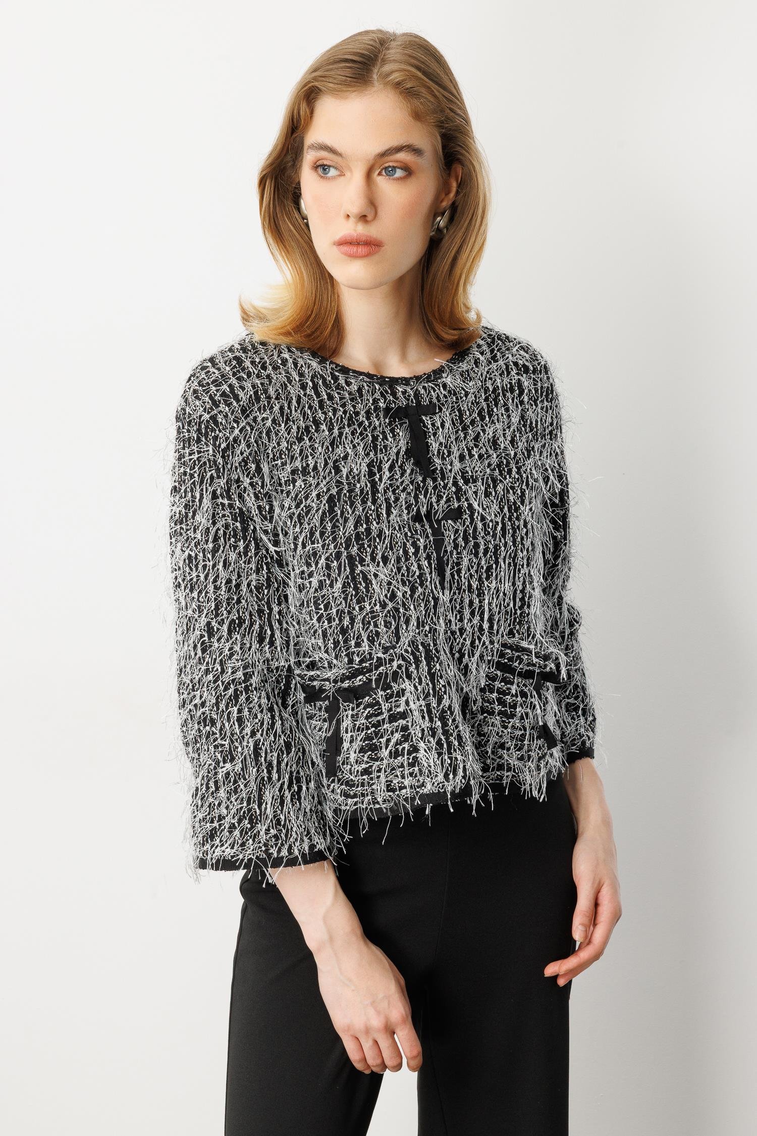 Cep Detaylı Dokuma Bluz-SİYAH/BEYAZ