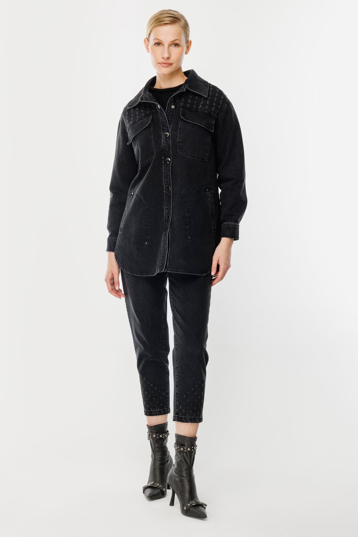 Cep Detaylı Kot Ceket-SİYAH