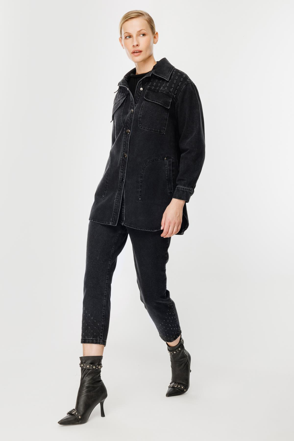 Cep Detaylı Kot Ceket-SİYAH