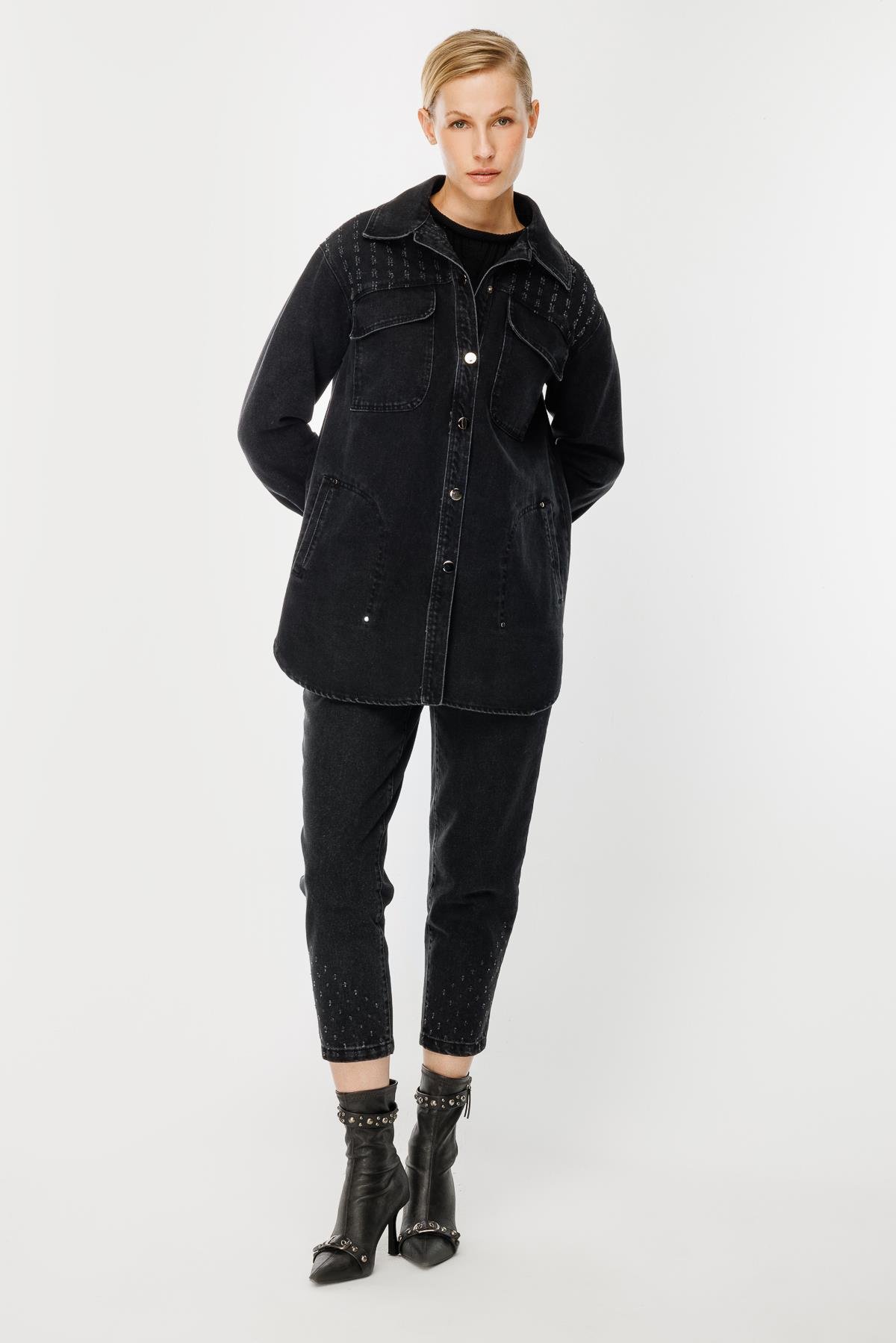 Cep Detaylı Kot Ceket-SİYAH
