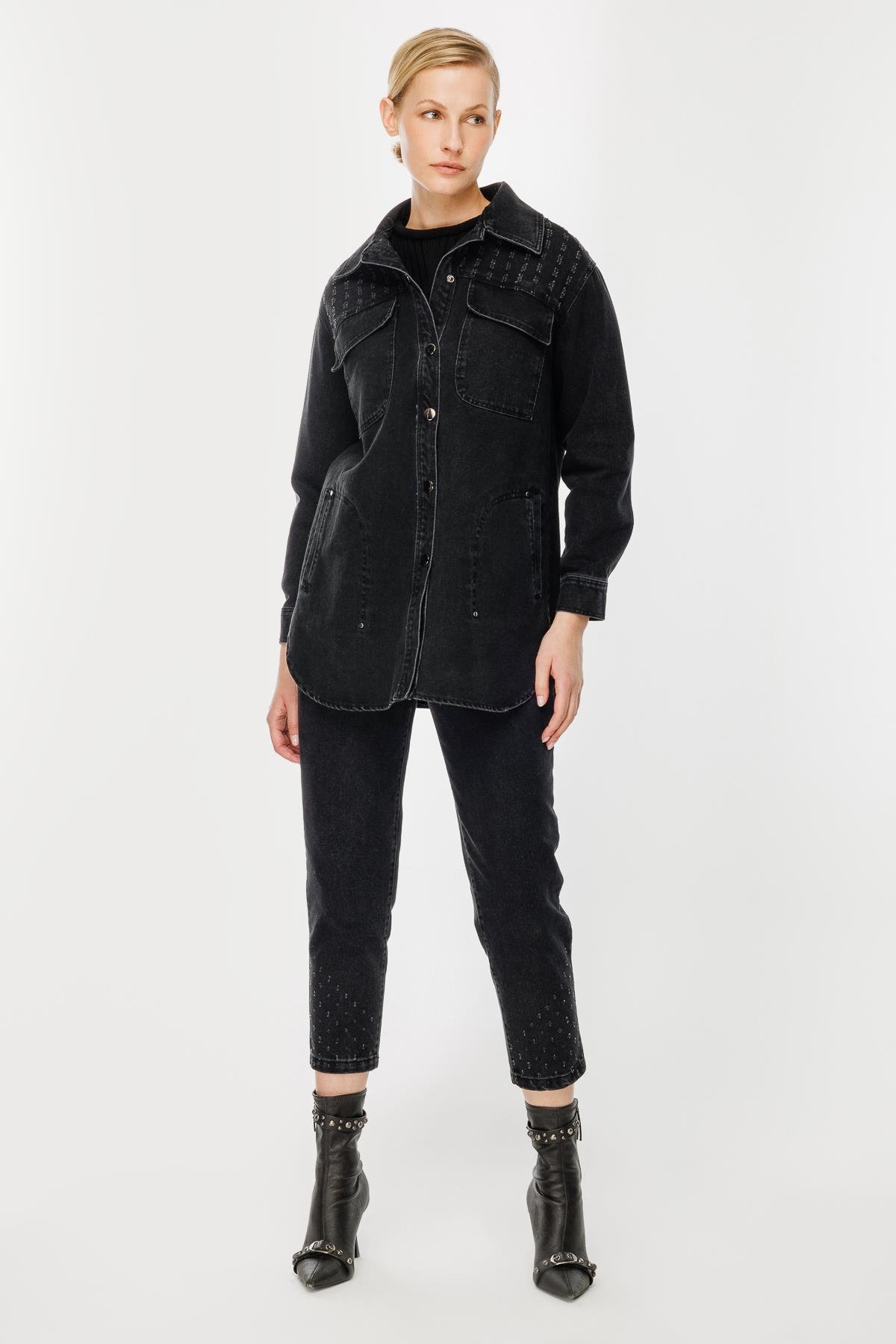 Cep Detaylı Kot Ceket-SİYAH