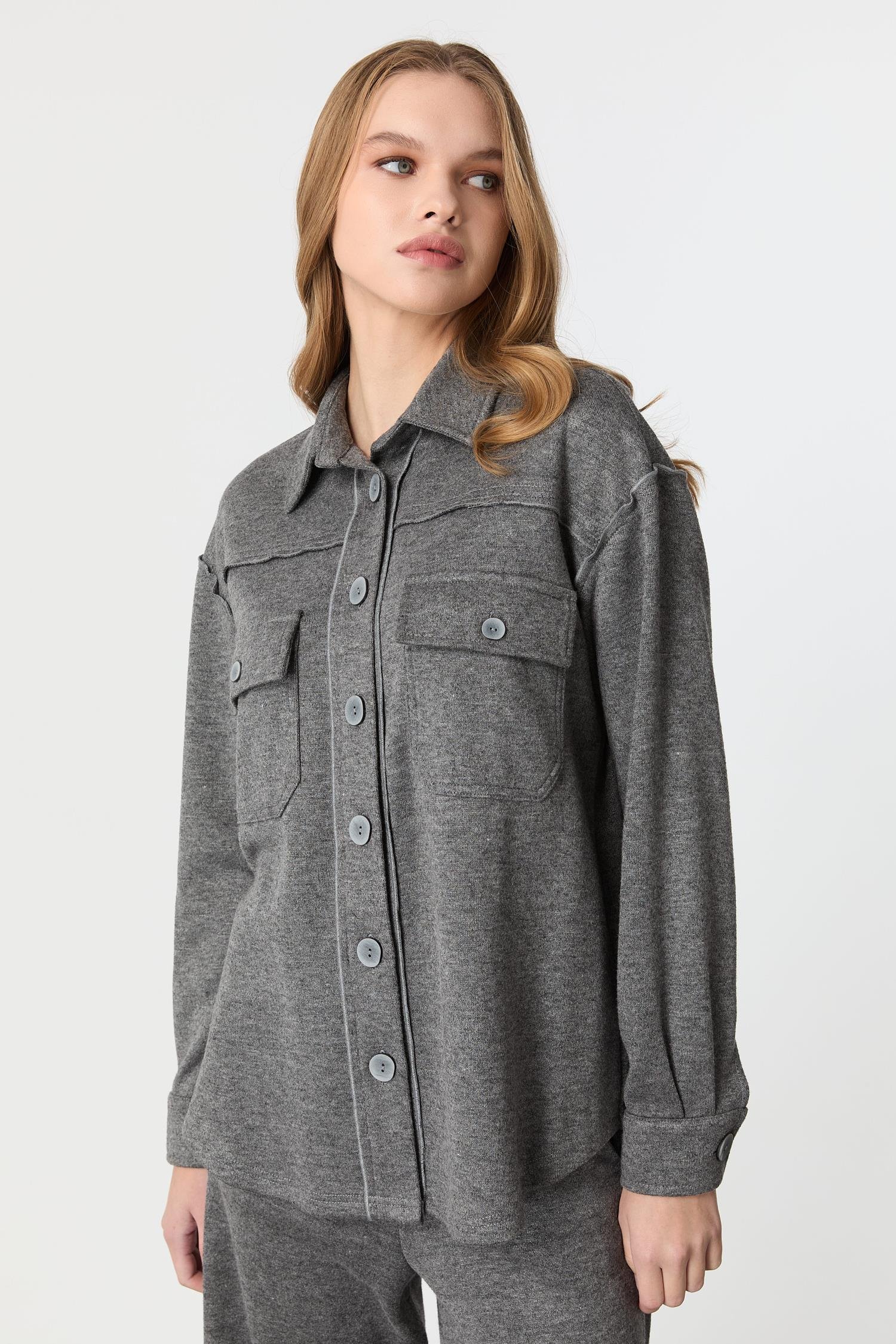 Cep Detaylı Triko Takım-GRİ