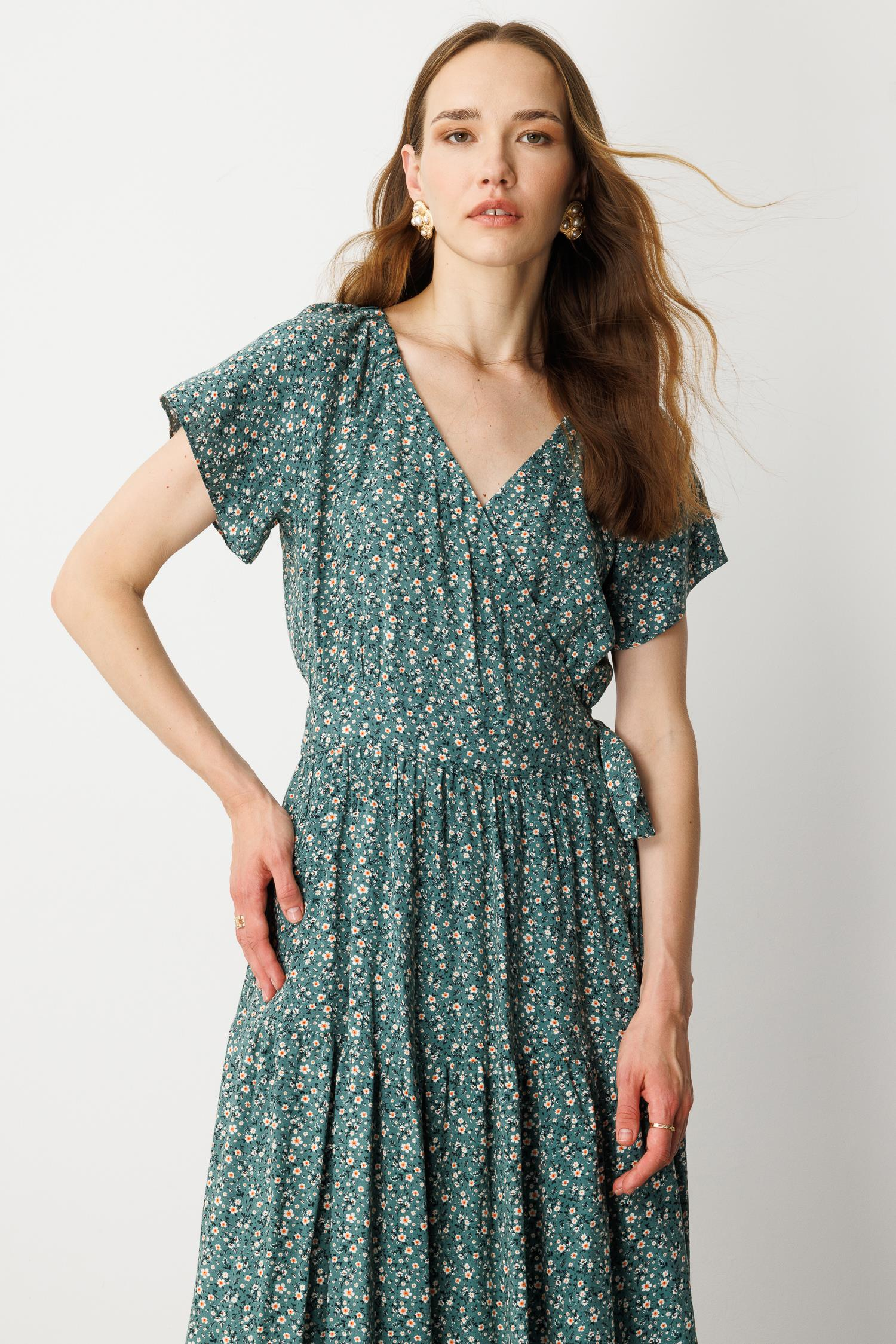 Çiçek Desenli Kruvaze Yaka Uzun Elbise-YEŞİL