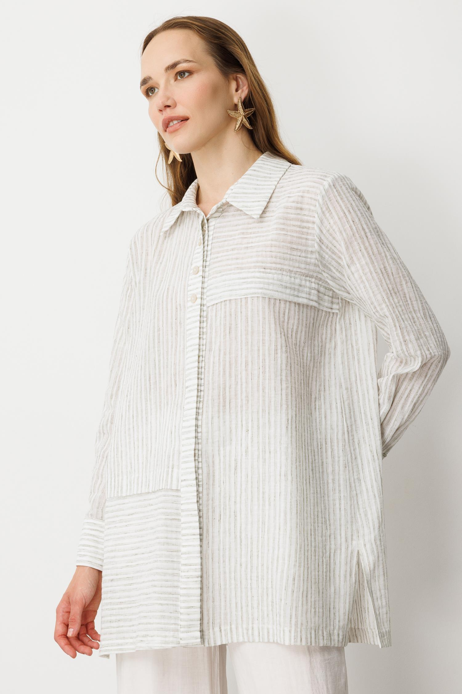 Çizgili Pamuk Keten Gömlek-MINT