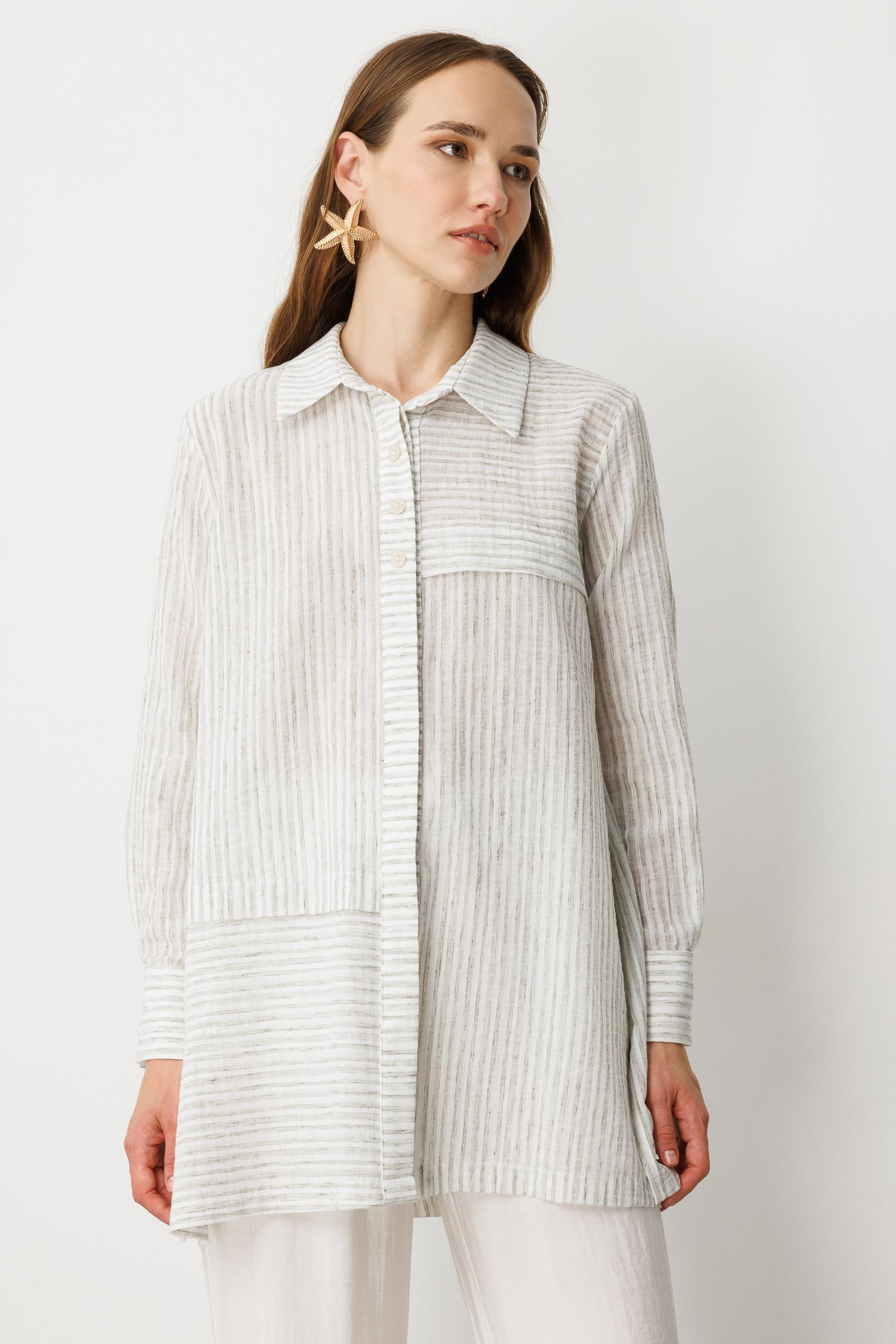 Çizgili Pamuk Keten Gömlek-MINT