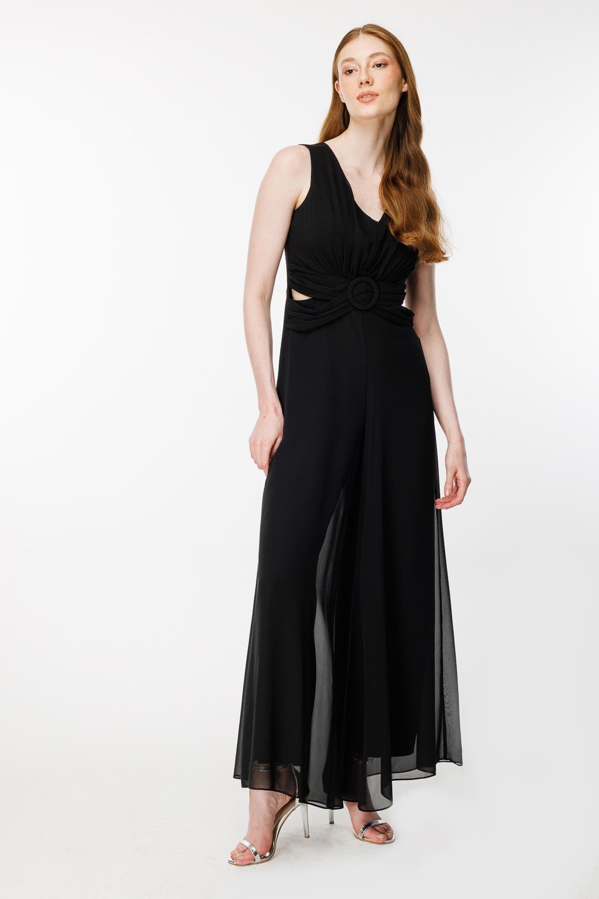 Cut Out Detaylı Tül Tulum-SİYAH