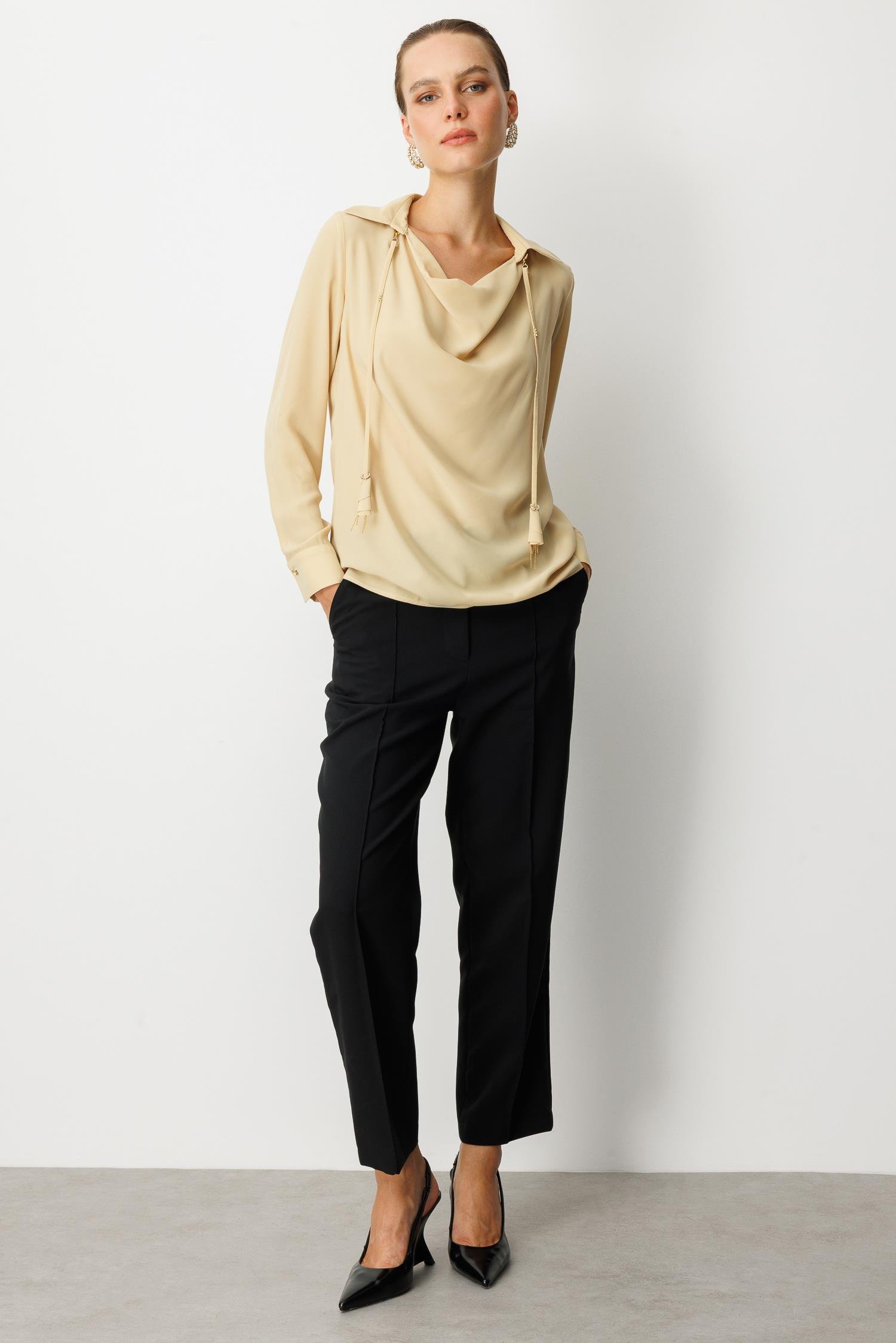 Farbela Detaylı Krep Gömlek-SARI