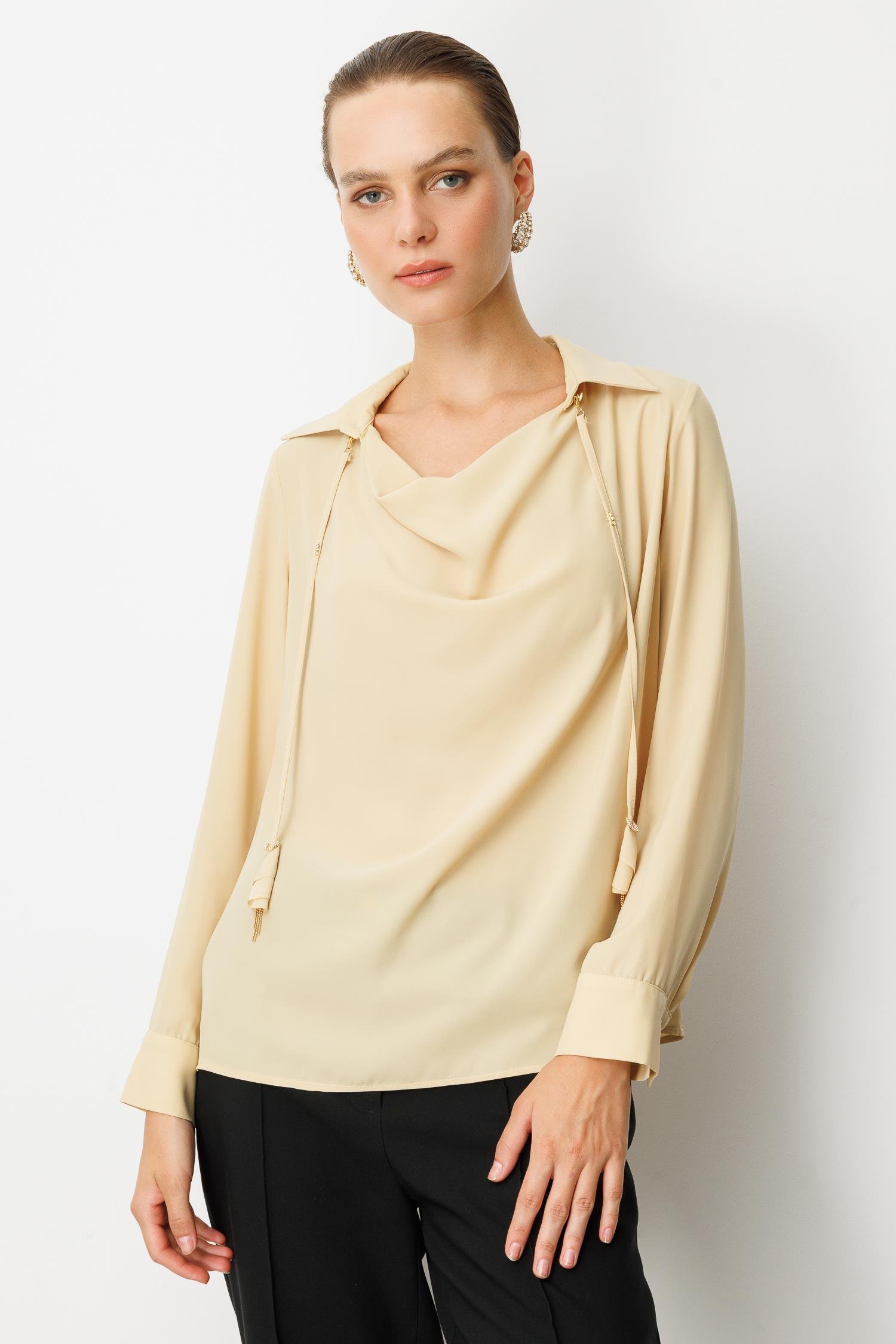 Farbela Detaylı Krep Gömlek-SARI