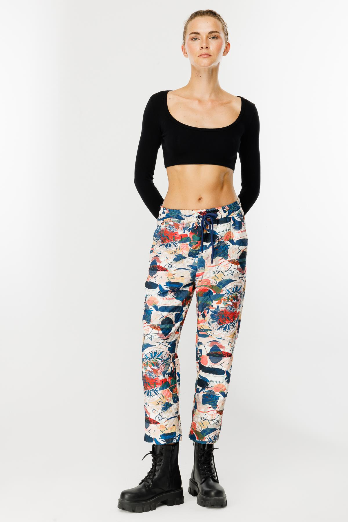 Desenli Beli Lastikli Kapitone Pantolon-MAVİ