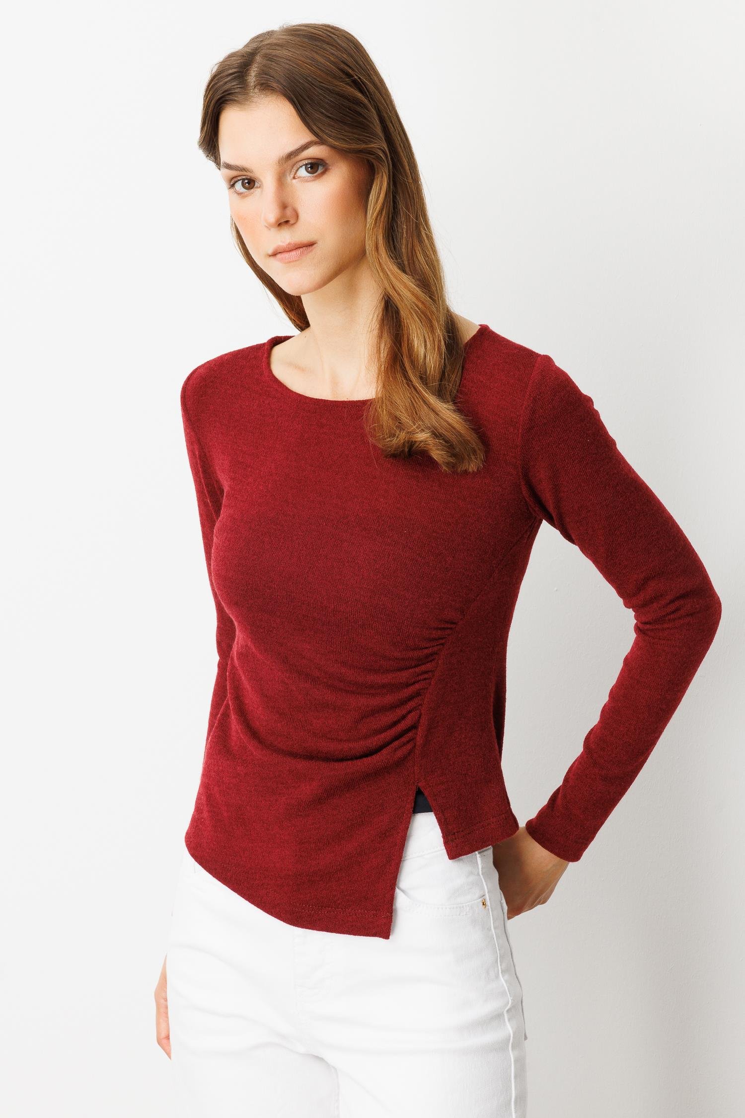 Drape Detaylı Dokuma Bluz-BORDO