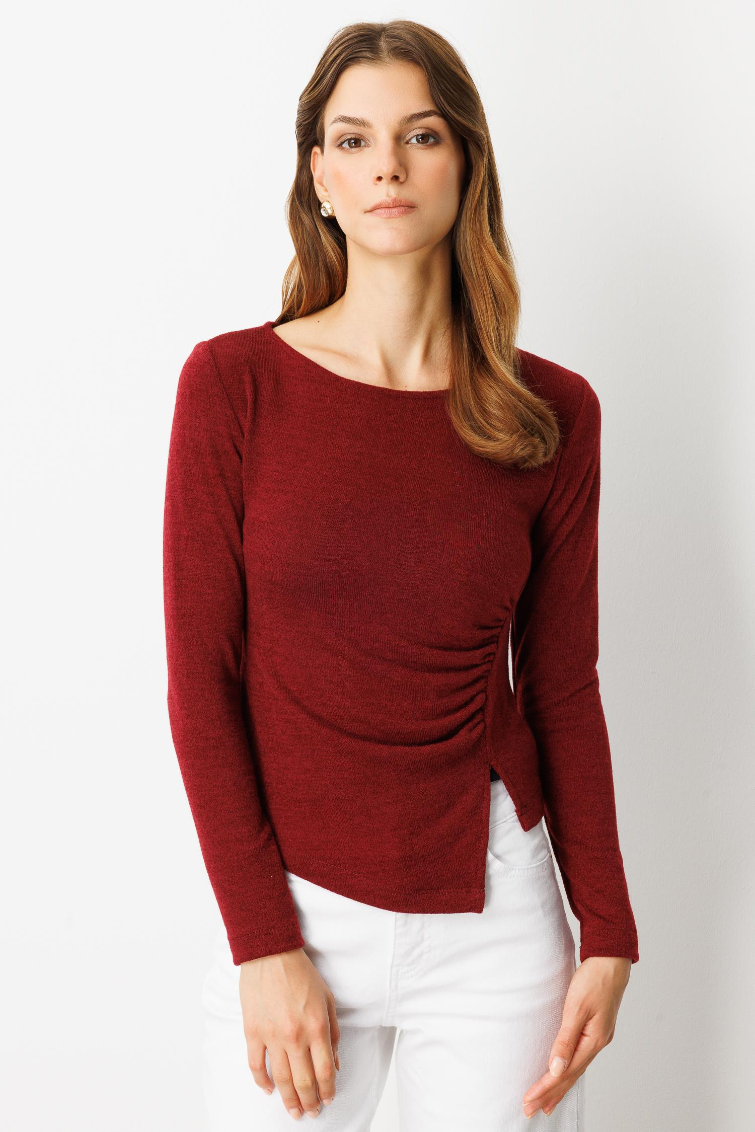 Drape Detaylı Dokuma Bluz-BORDO