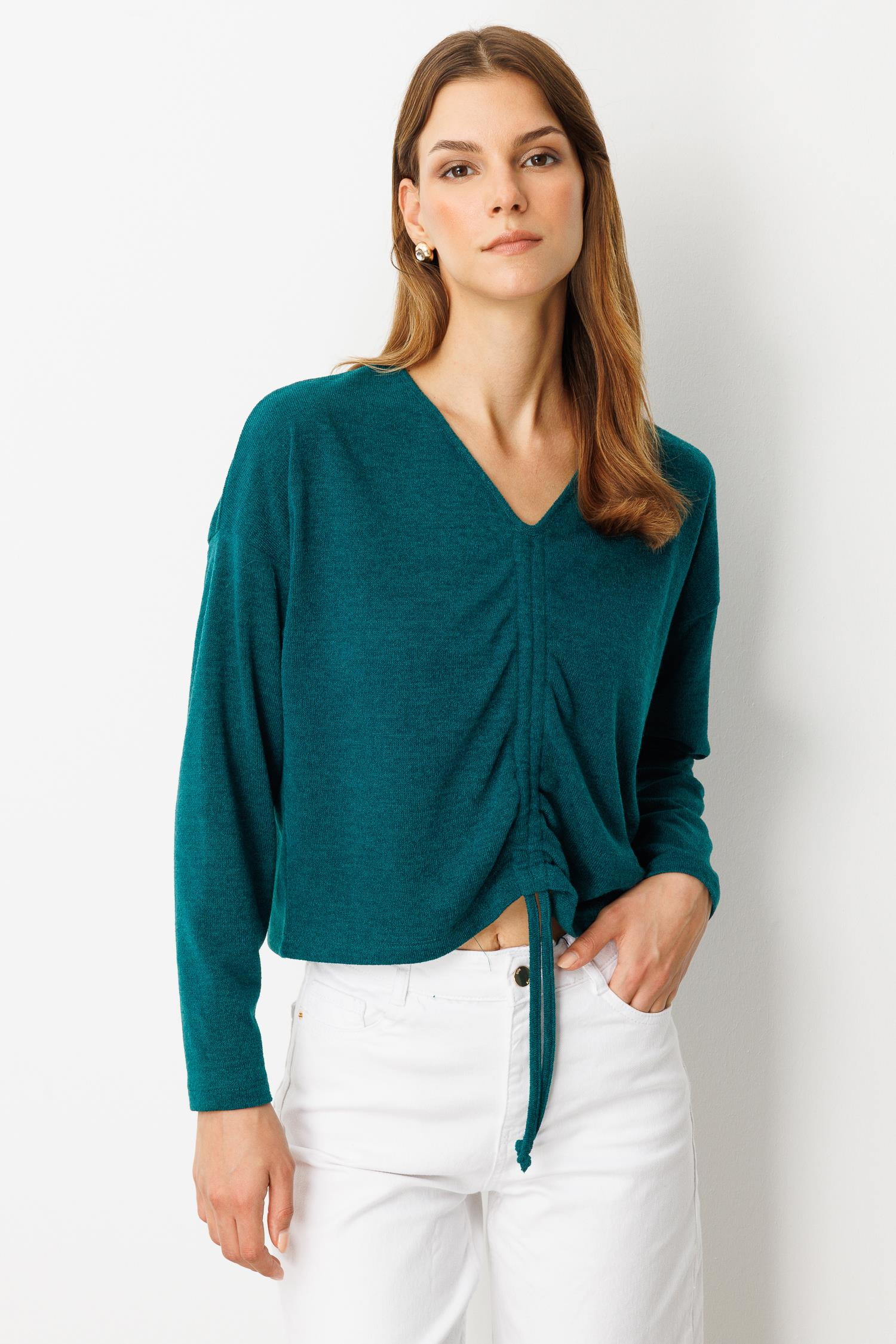 Drapeli V Yaka Dokuma Bluz-YEŞİL