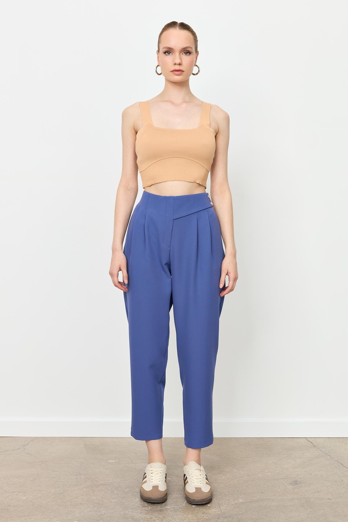 Düğme Deatylı Yüksek Bel Pantolon-İNDİGO