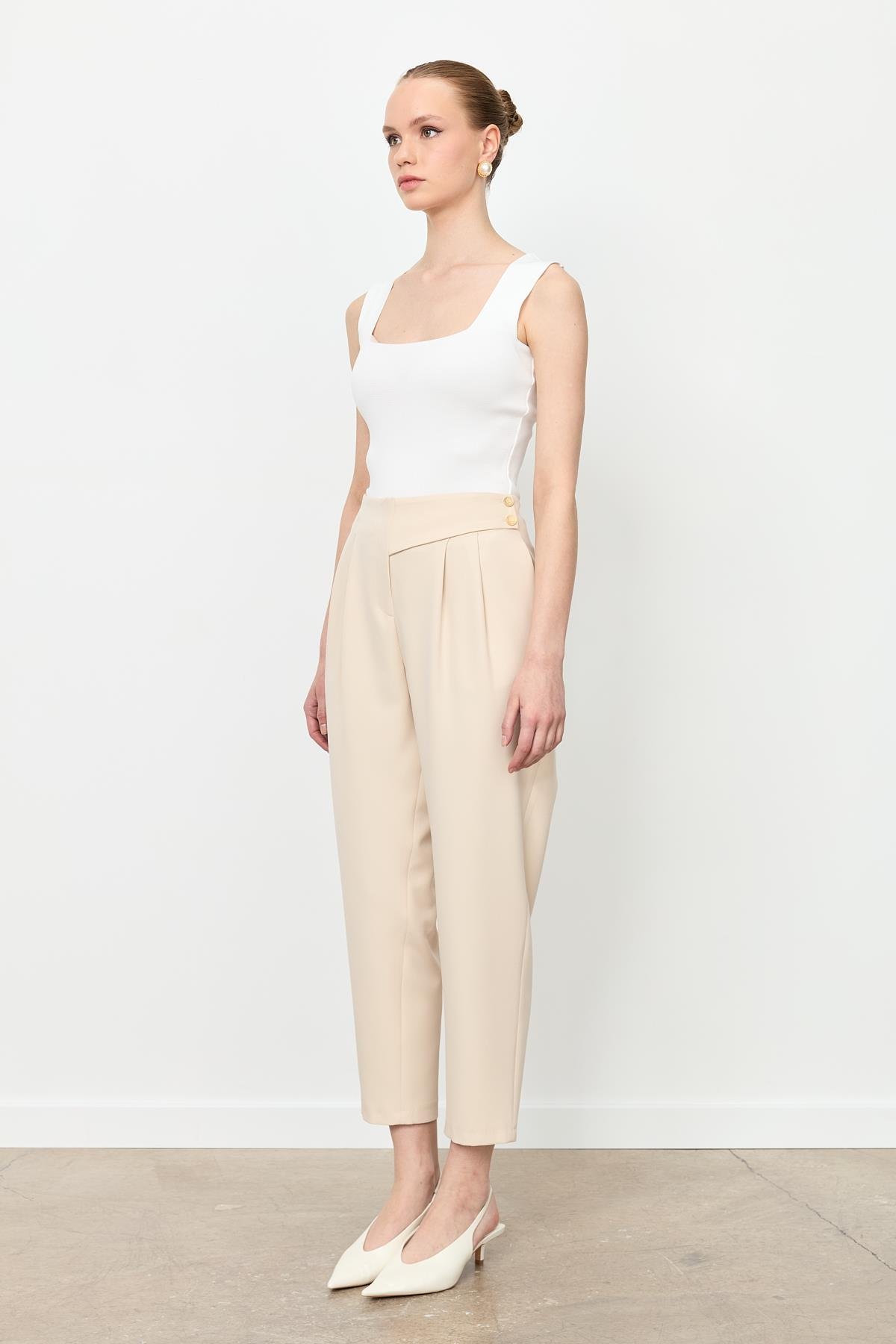 Düğme Deatylı Yüksek Bel Pantolon-TAŞ