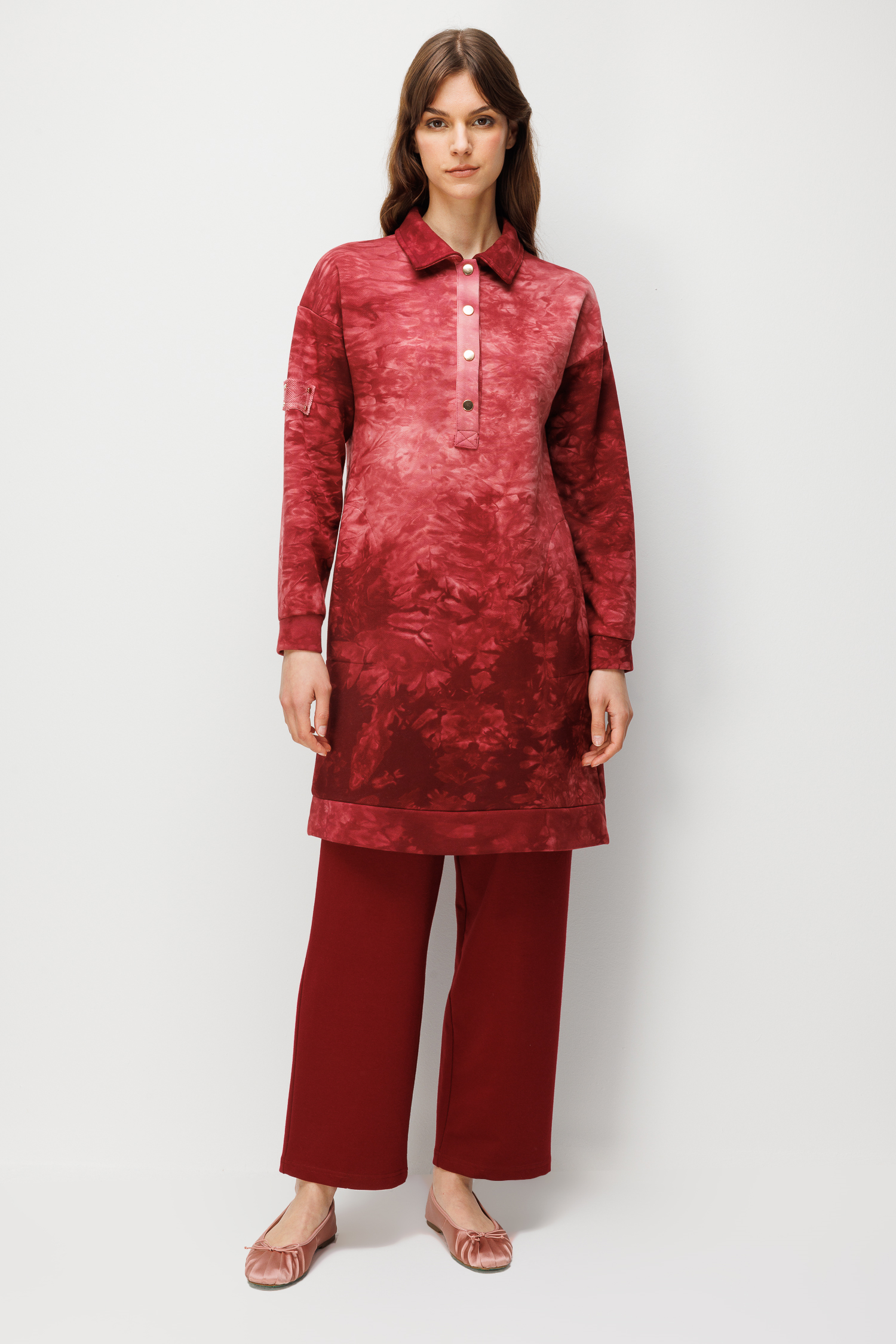 Düğme Detay Cepli Batik Tunik-BORDO
