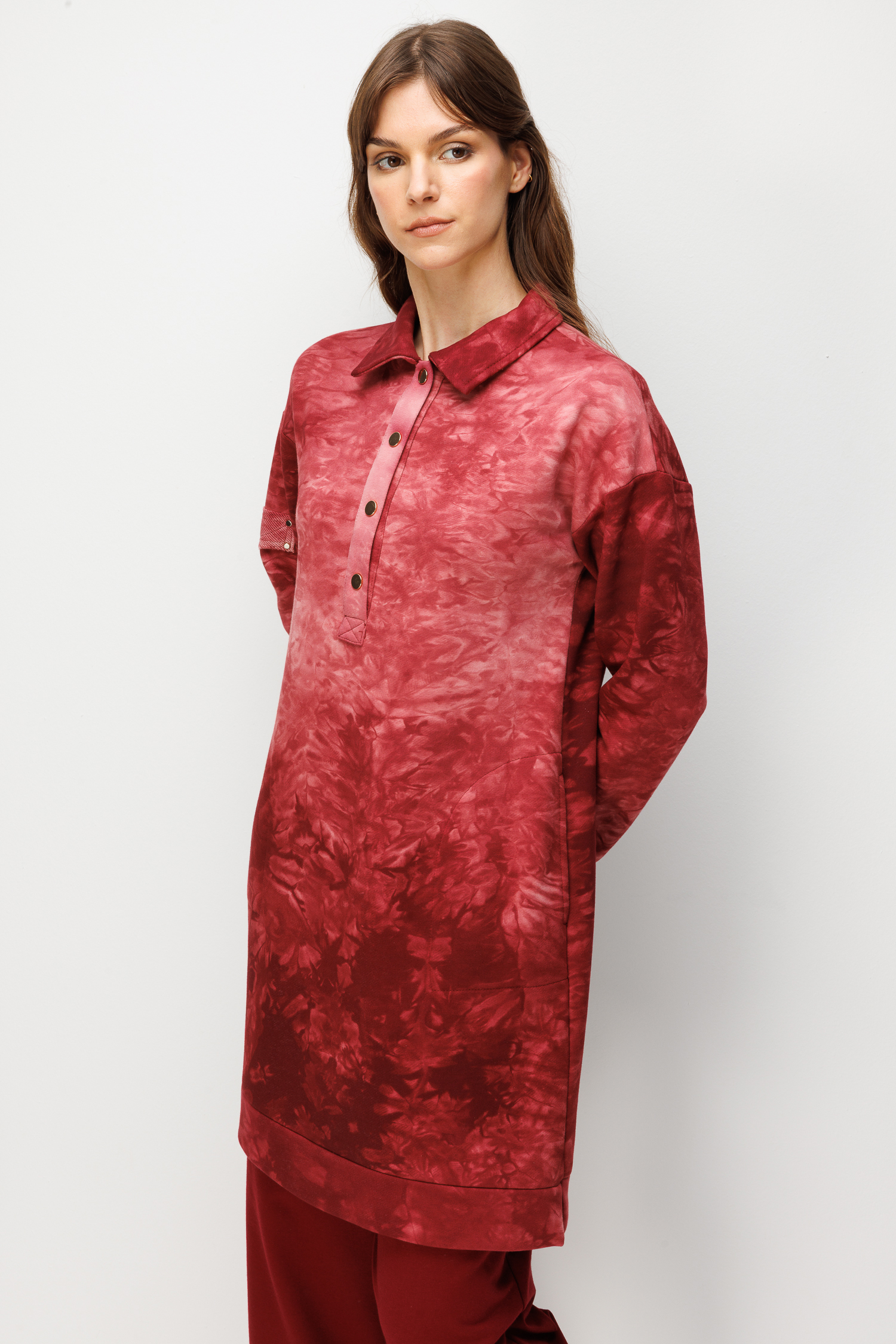 Düğme Detay Cepli Batik Tunik-BORDO