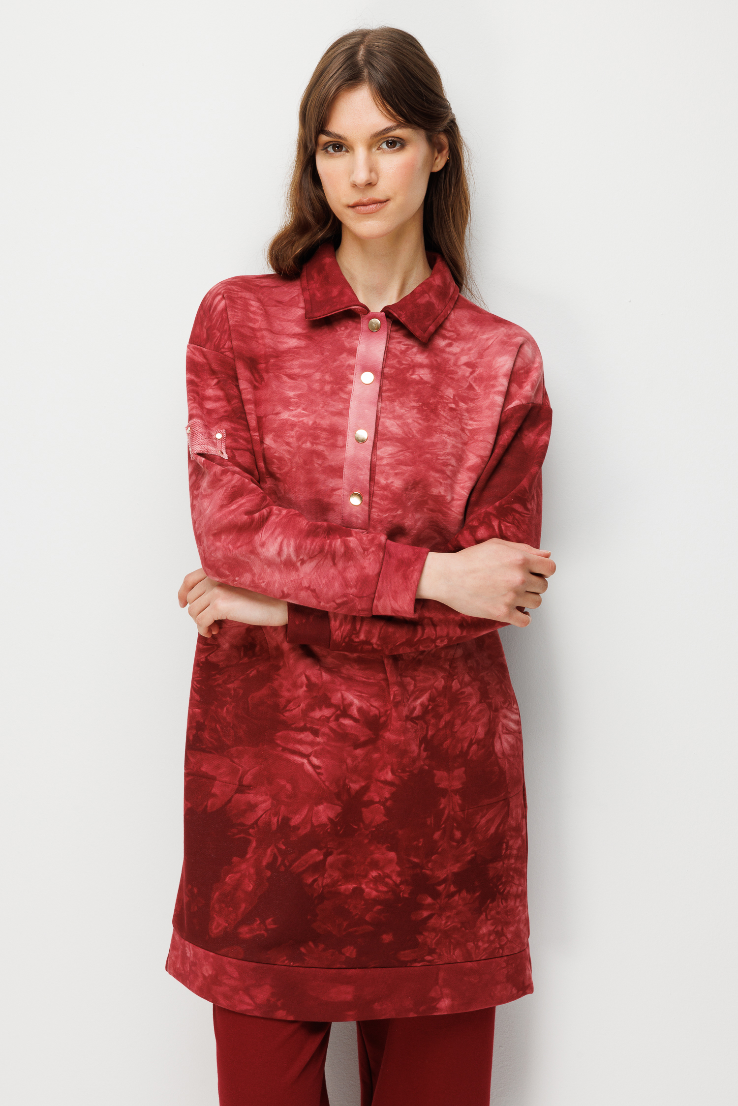 Düğme Detay Cepli Batik Tunik-BORDO