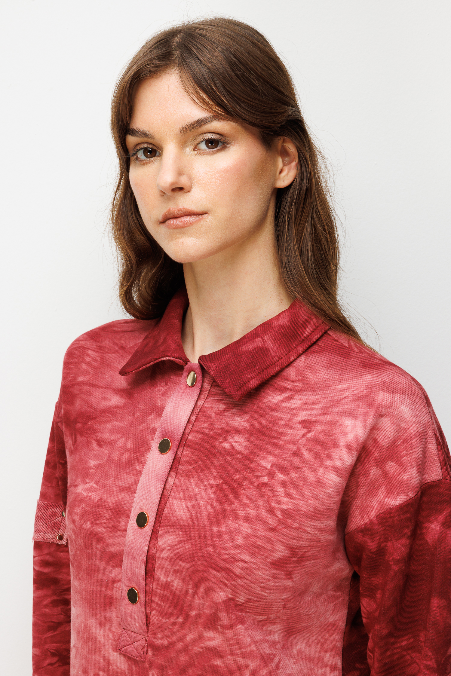 Düğme Detay Cepli Batik Tunik-BORDO