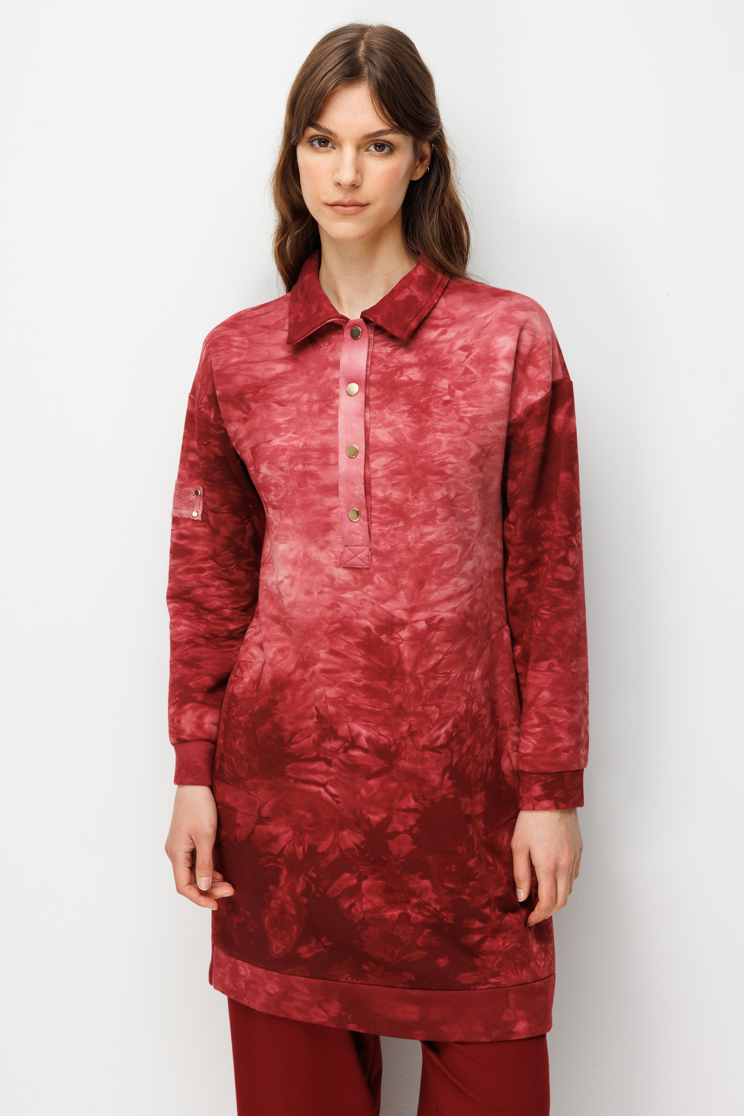 Düğme Detay Cepli Batik Tunik-BORDO