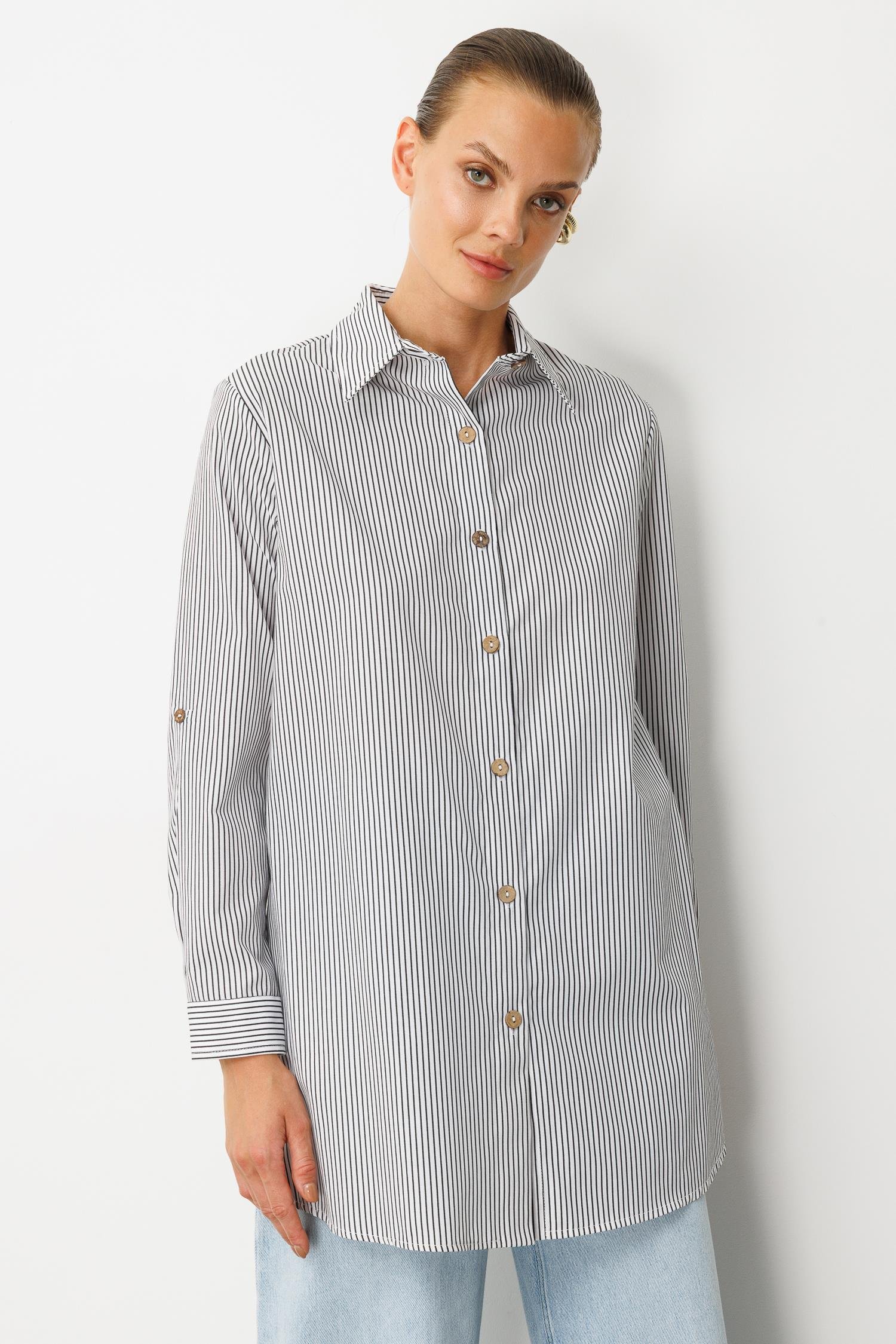 Düğme Detaylı Çizgili Tunik Gömlek-SİYAH/BEYAZ