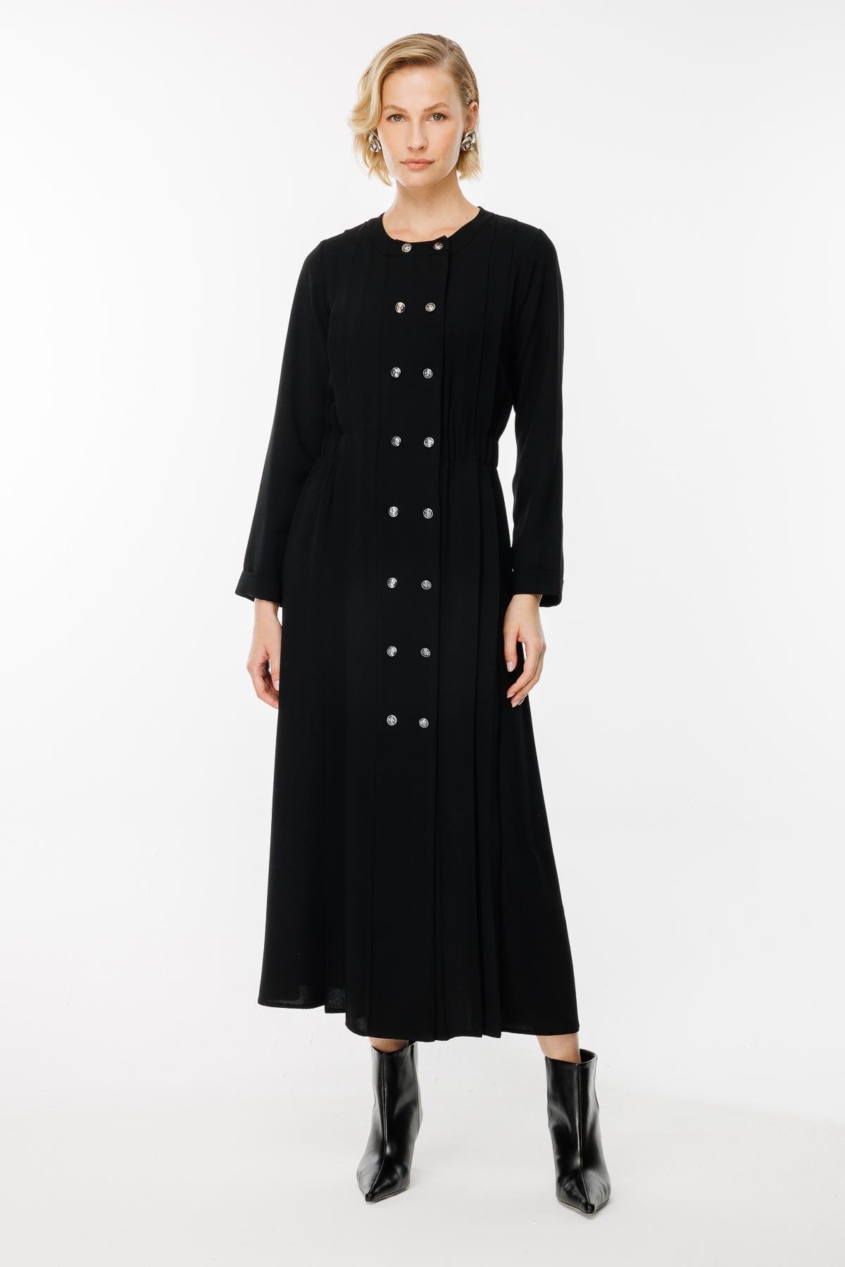 Düğme Detaylı Elbise-SİYAH