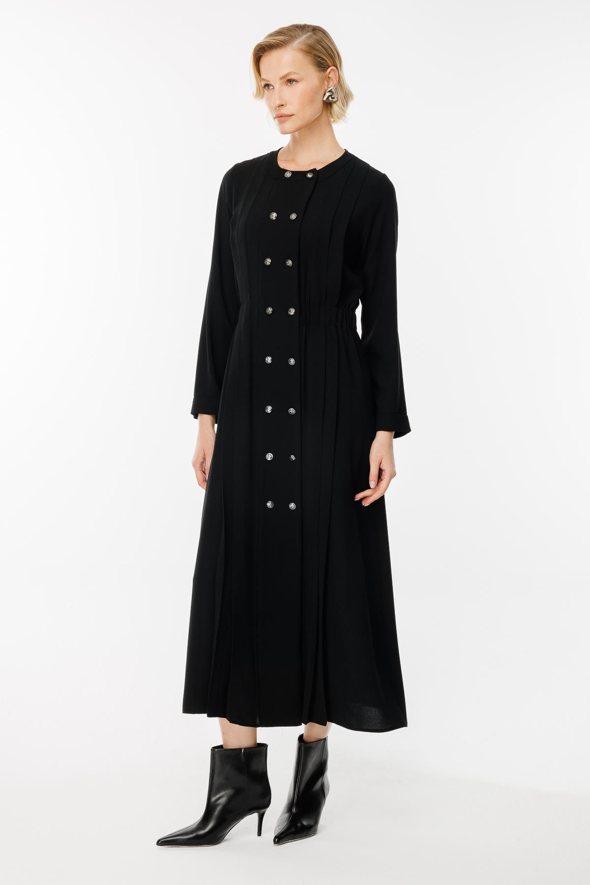 Düğme Detaylı Elbise-SİYAH