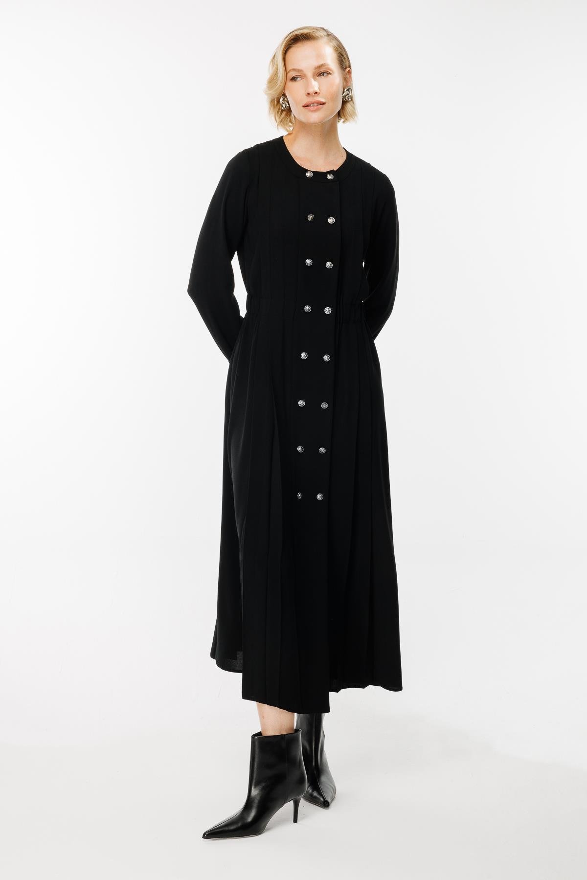 Düğme Detaylı Elbise-SİYAH