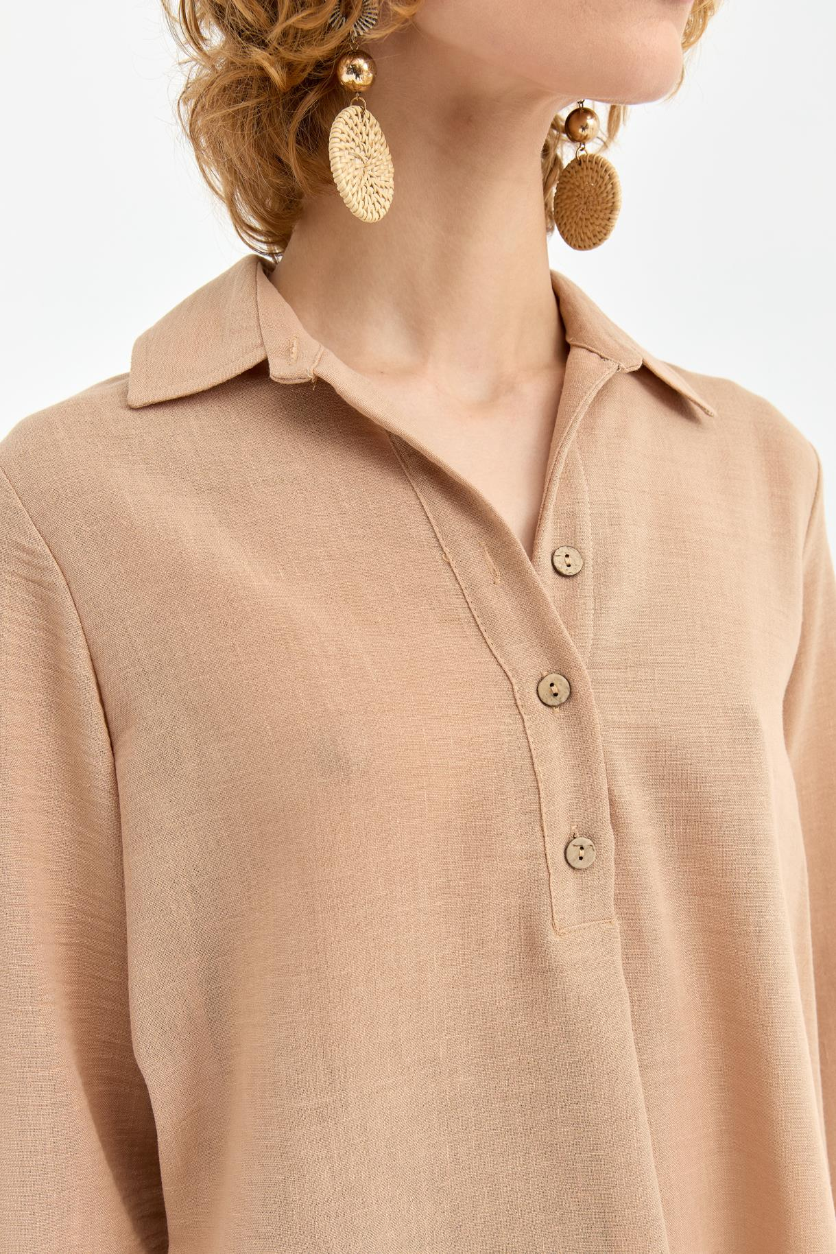 Düğme Detaylı Keten Tunik-CAMEL