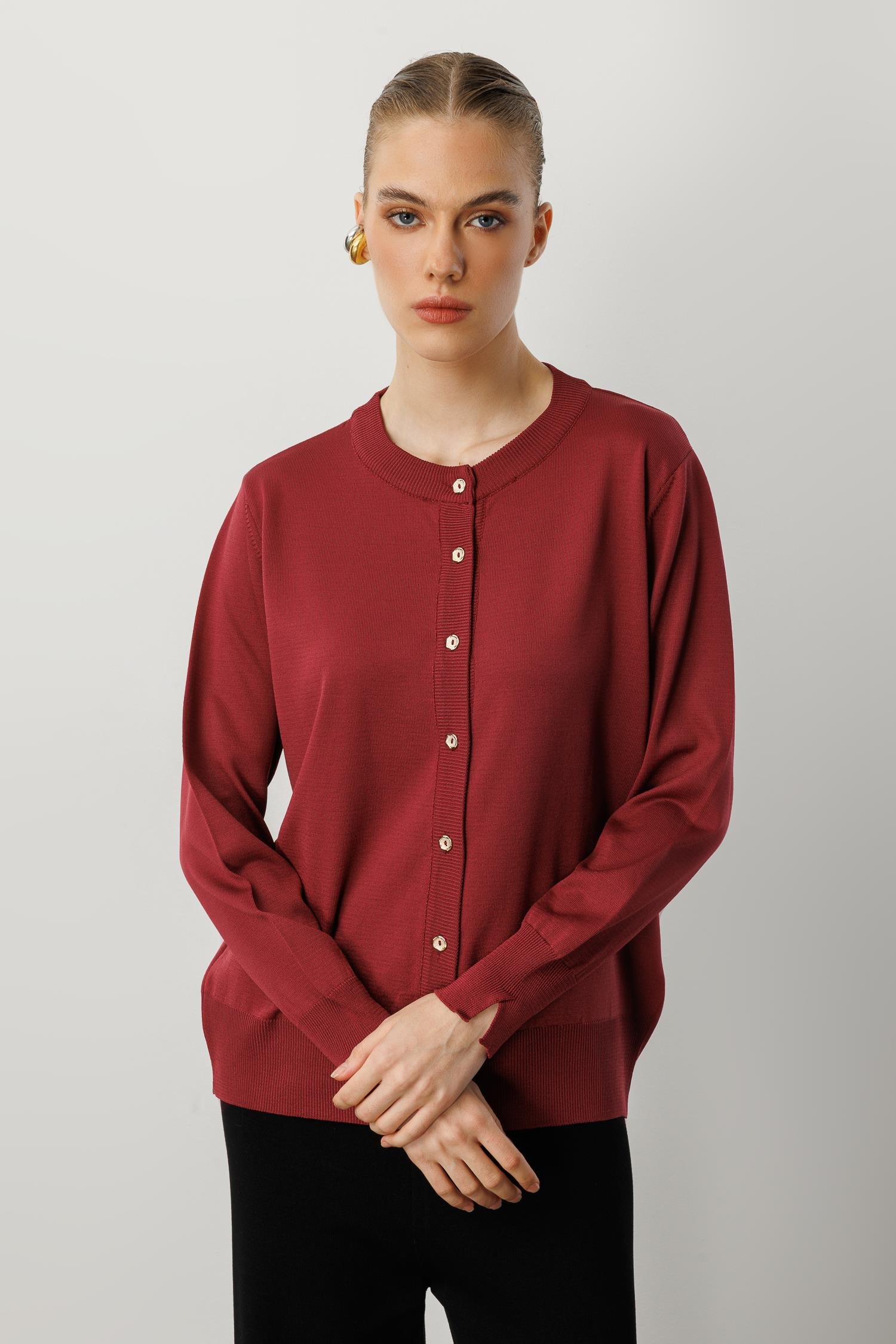 Düğmeli Basic Triko Hırka-BORDO