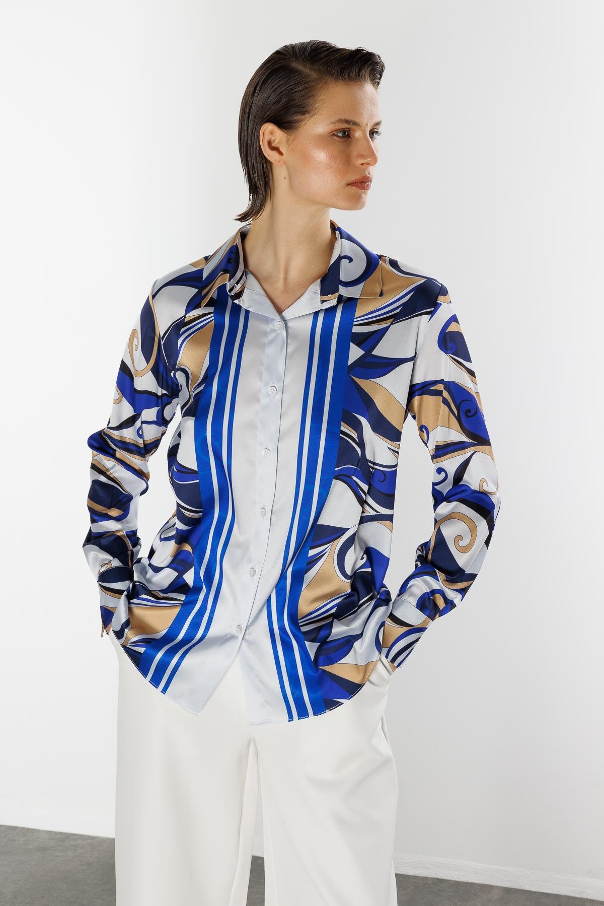 Düğmeli Saten Gömlek-BEYAZ