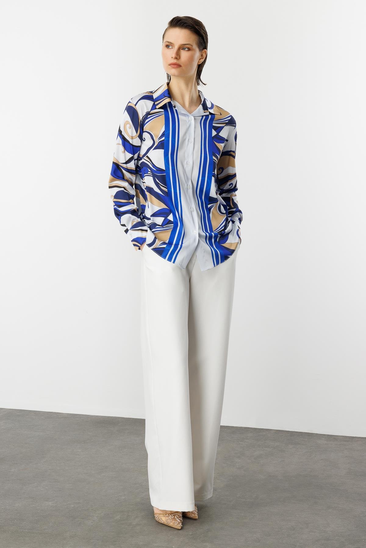 Düğmeli Saten Gömlek-BEYAZ