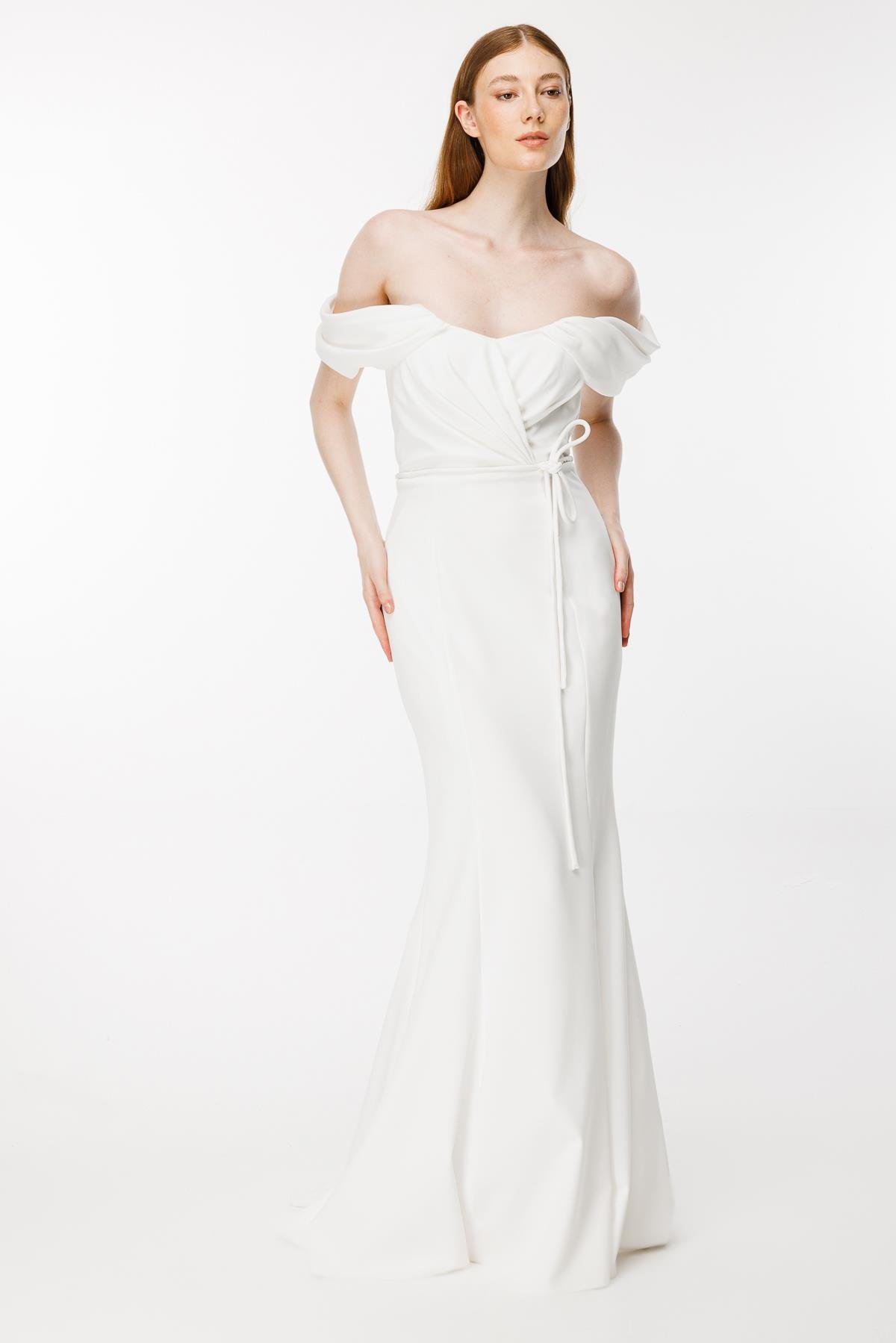 Düşük Kol Drape Detaylı Krep Abiye-EKRU