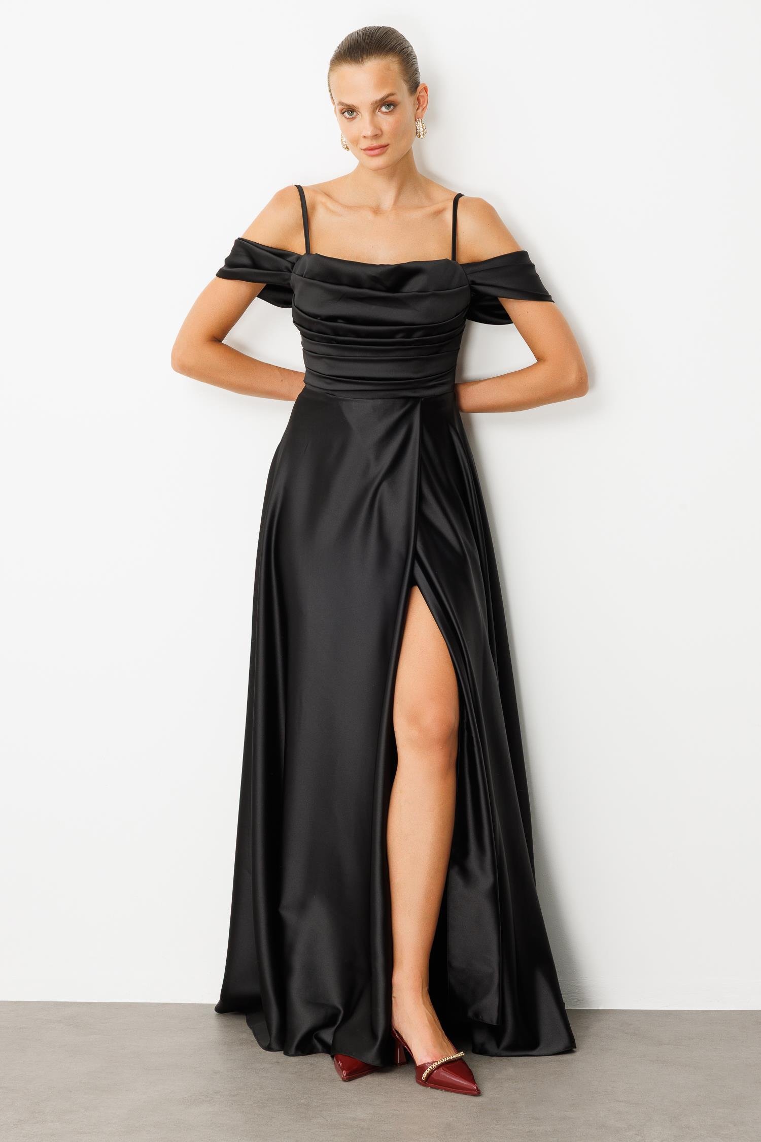 Düşük Kol Saten Abiye Elbise-SİYAH