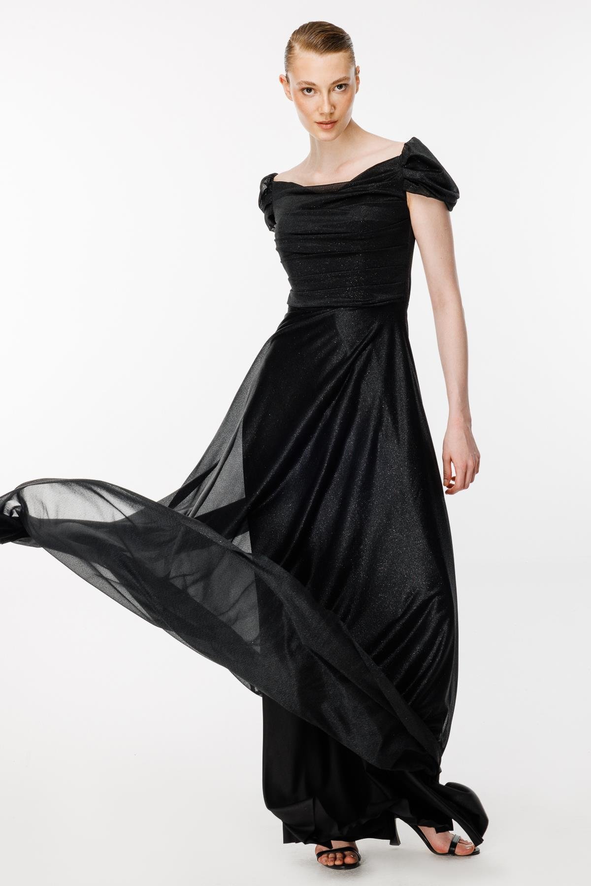 Düşük Omuz Drape Ve Sim Detaylı Uzun Abiye-SİYAH