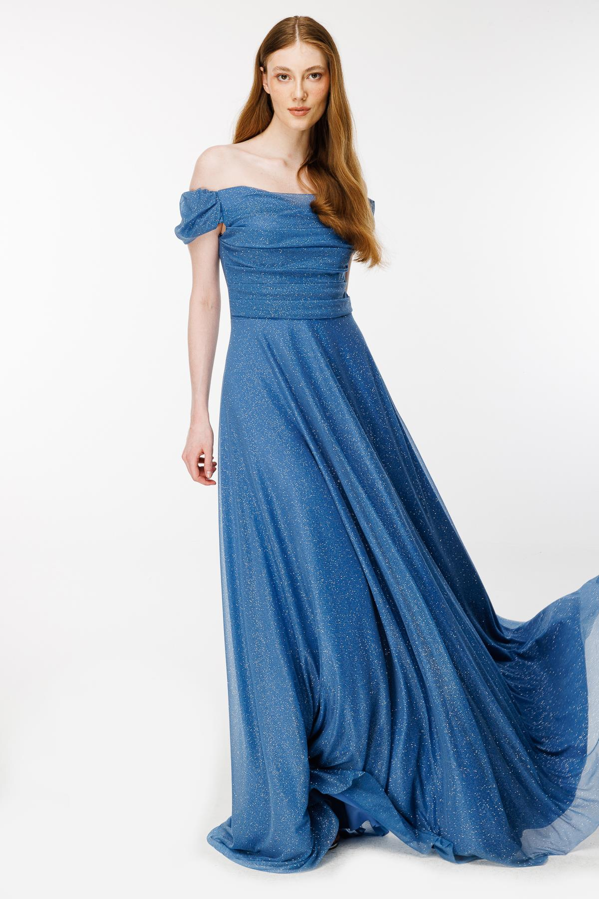 Düşük Omuz Drape Ve Sim Detaylı Uzun Abiye-İNDİGO