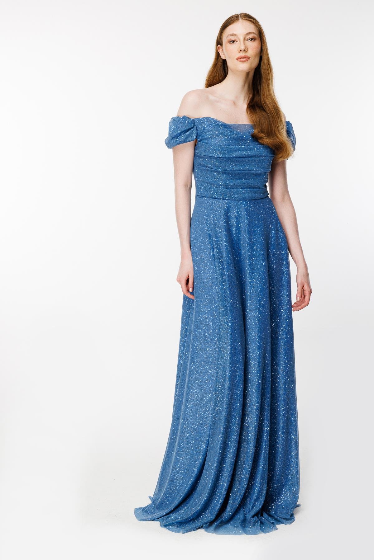 Düşük Omuz Drape Ve Sim Detaylı Uzun Abiye-İNDİGO