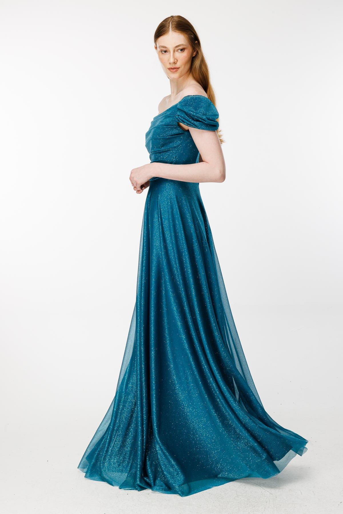 Düşük Omuz Drape Ve Sim Detaylı Uzun Abiye-PETROL